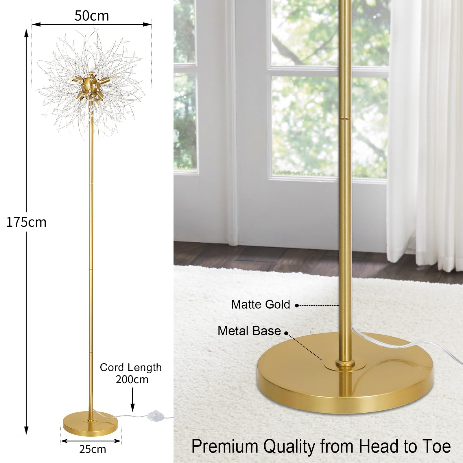 Rayofly Modern Stehlampen, Gold Feuerwerk Kristall Stehlampe Wohnzimmer, 8-Flammige Kristalle Stehlampen mit Fußschalter, Hohe 172CM, Glas Metall Stehleuchte, Golden Stehlampe für Schlafzimmer