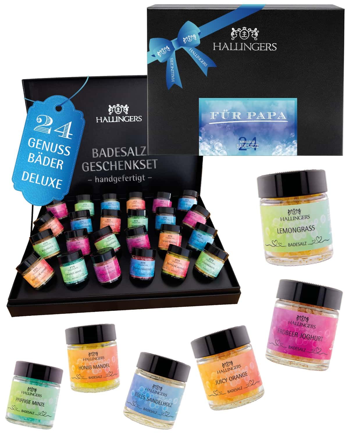 Hallingers Genuss Manufaktur Badesalze Vatertagsgeschenk-Set - 24x Badezusatz mit Totes Meer Badesalz Geschenkbox, Badekristalle Fußbad & Spa ""Für Papa"", Geschenkidee für Papa Opa