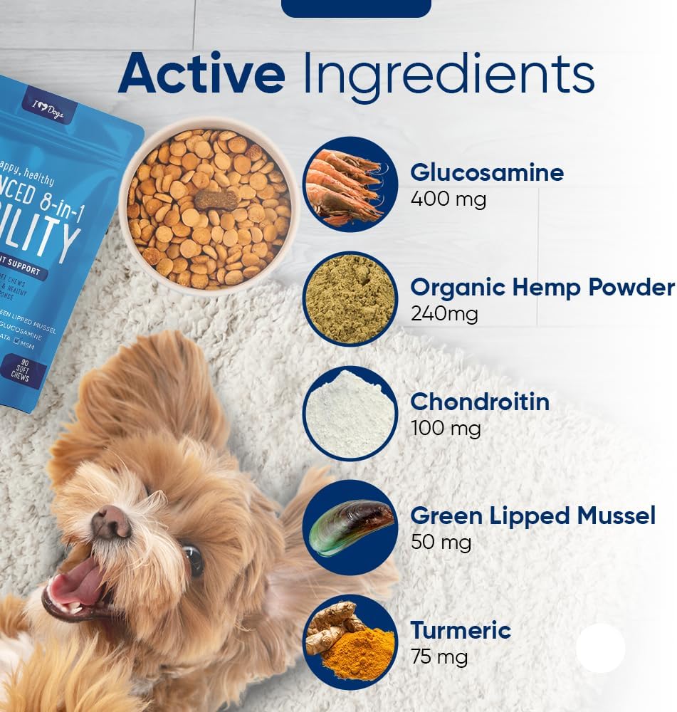 iHeartDogs Hip & Joint Supplement for Dogs - Advanced 8-in-1 Dog Joint Supplement Chews with Glucosamine, Chondroitin, Turmeric, Devil's Claw, Green Lipped Mussel, Hemp, Yucca, Boswellia & MSM - 90 Ct
