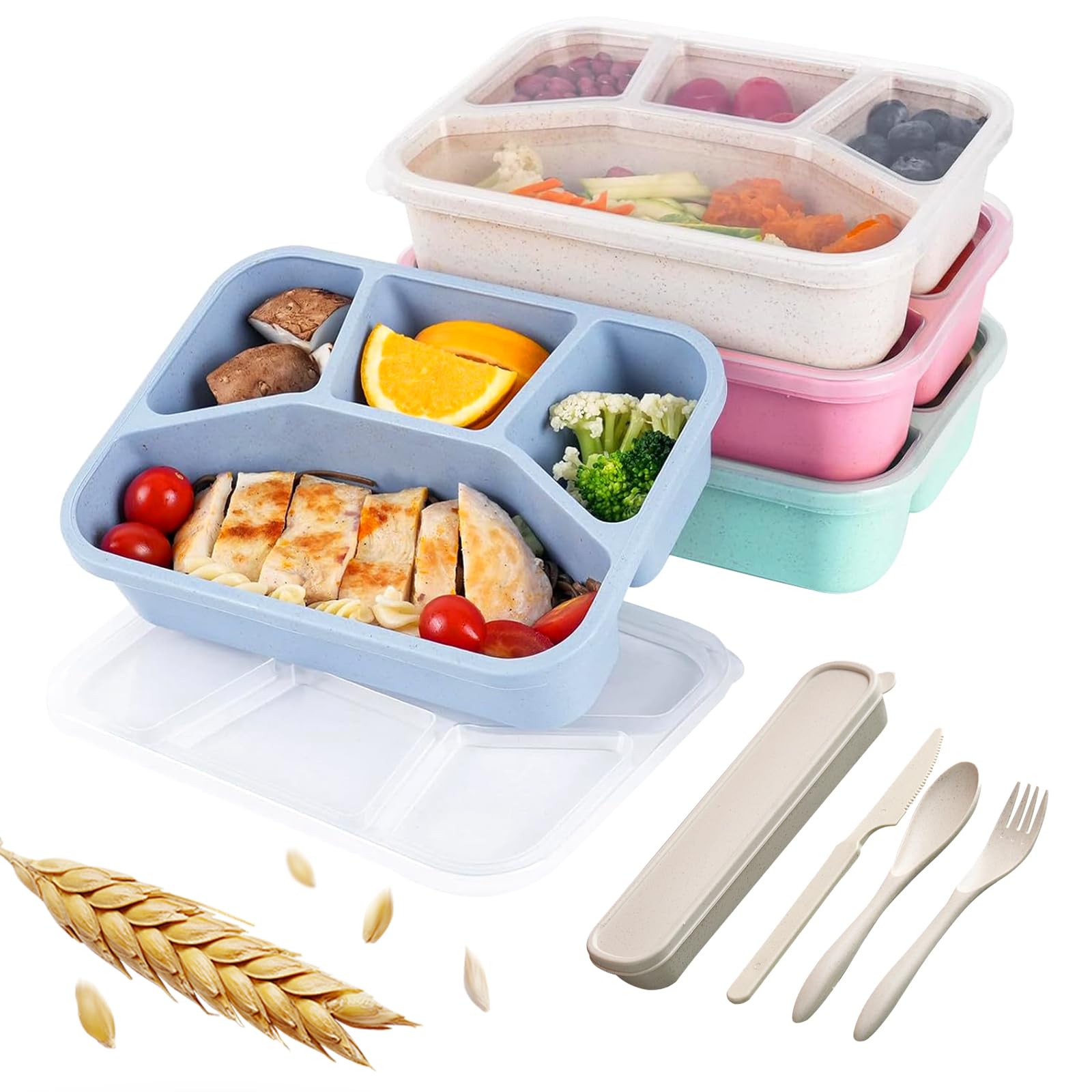 Zestaw pudełek na przekąski, 4-pak pudełka na lunch z łyżeczką i widelcem, 5 przegródek, bez BPA, wielokrotnego użytku, przeznaczone do kontroli porcji, do szkoły i na wynos. Kompaktowe