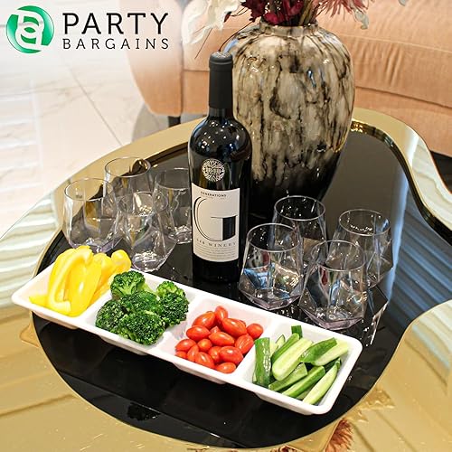 Miniatura 2 de Party Bargains Bandeja rectangular seccional desechable blanca (paquete de 4) de 5 x 16 pulgadas. Bandeja de plástico con 4 compartimentos para