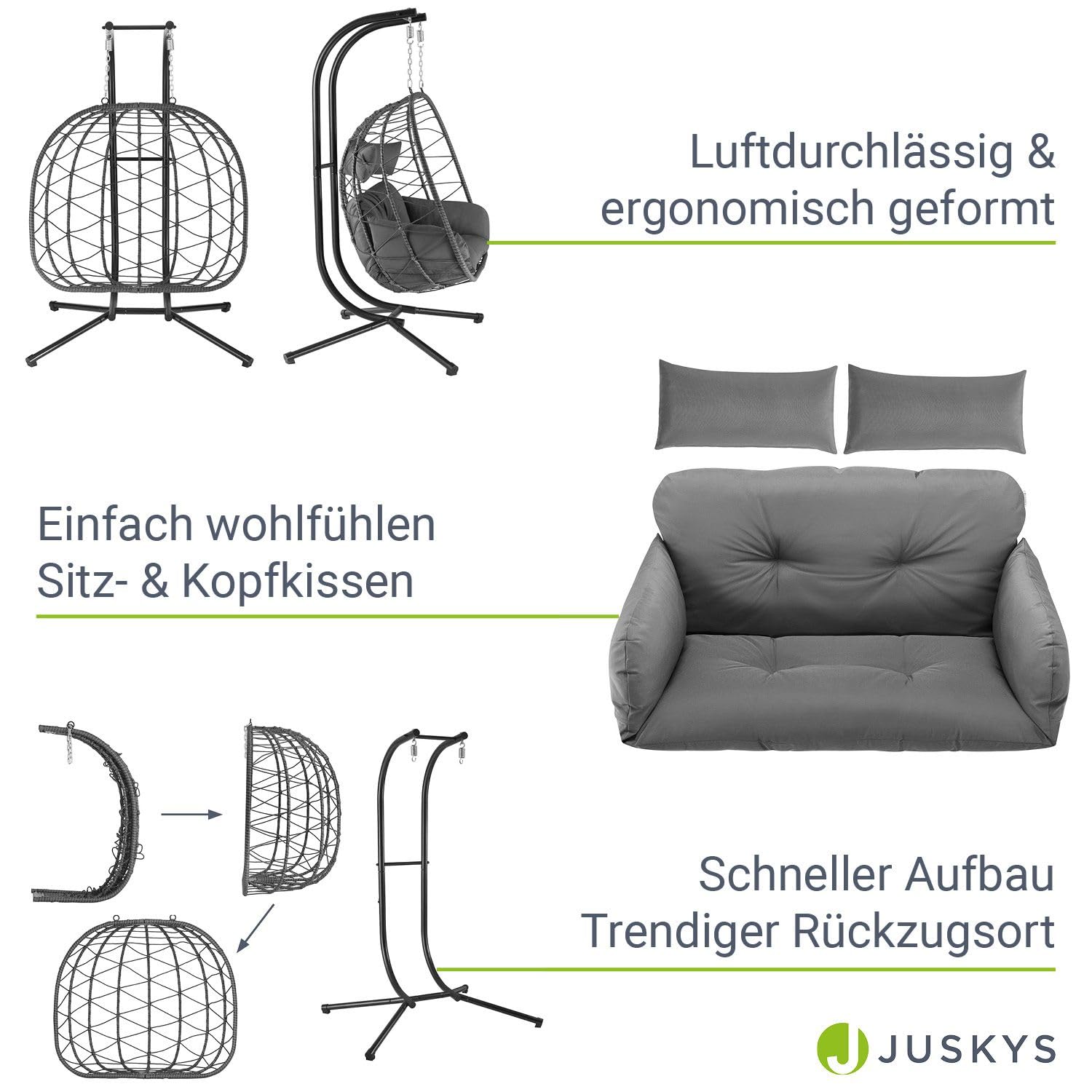Juskys® Sillón colgante doble Aria – Silla colgante de poliratán con estructura y cojín – columpio para dos personas – Sillón exterior interior – cesta XXL gris