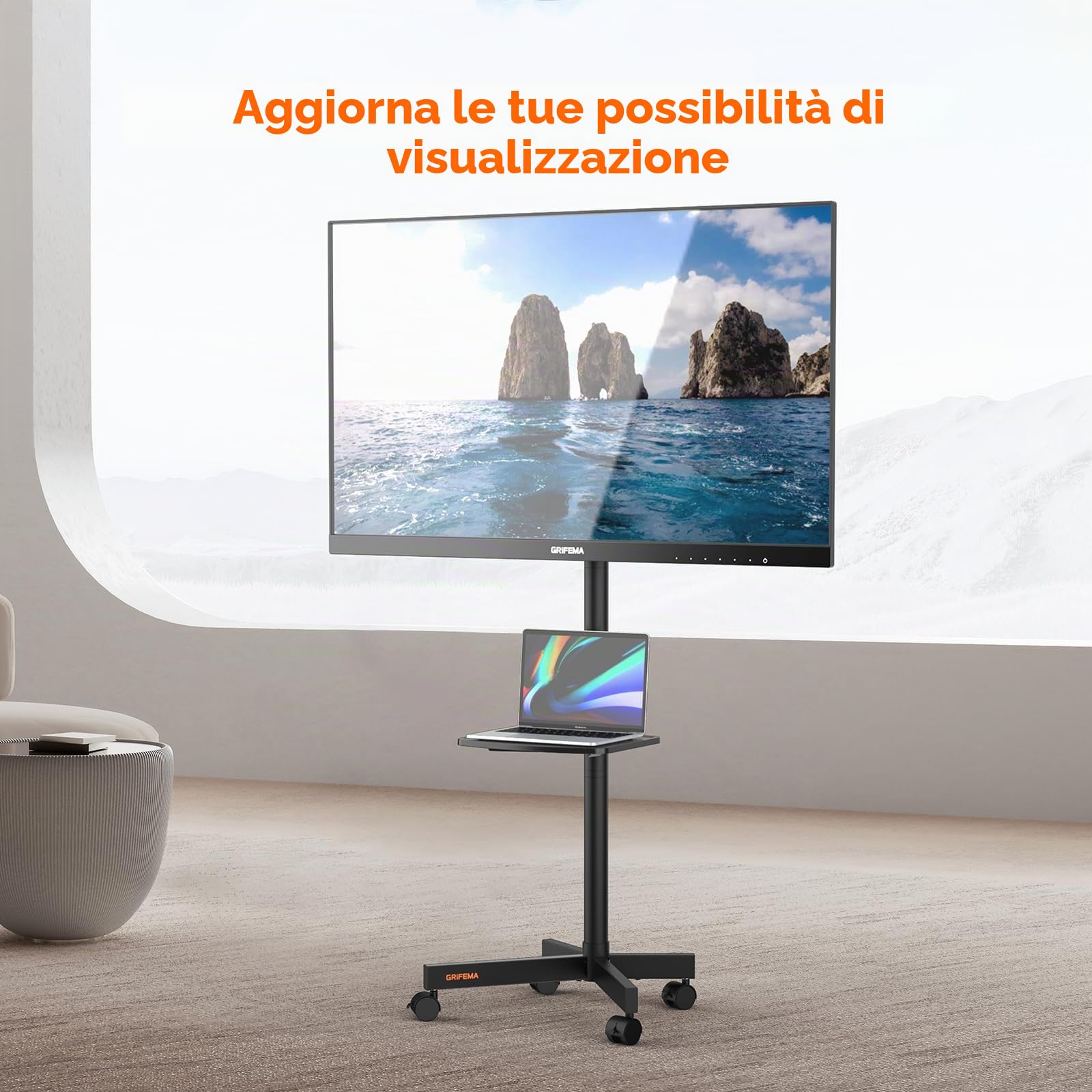 GRIFEMA Supporto TV su ruote per TV fino a 65 pollici | Per TV plasma, LCD e LED, con ripiano per laptop, fino a 40 kg, max VESA 400x400mm