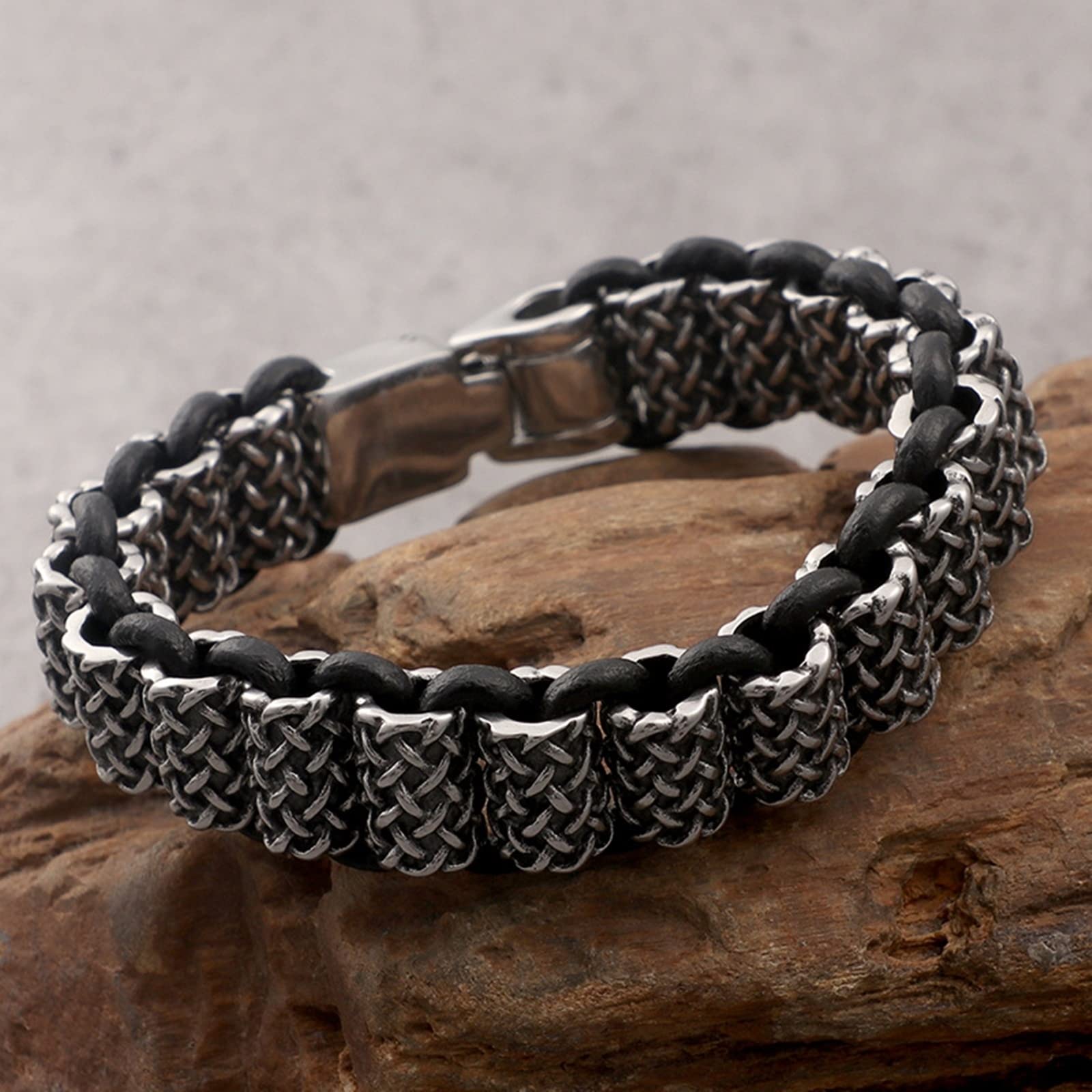 Pulsera de acero inoxidable para hombre, pulsera de cuero de 19 mm, pulsera trenzada retro, 22 cm de longitud, pulsera gótica para hombre, 22, Cuero
