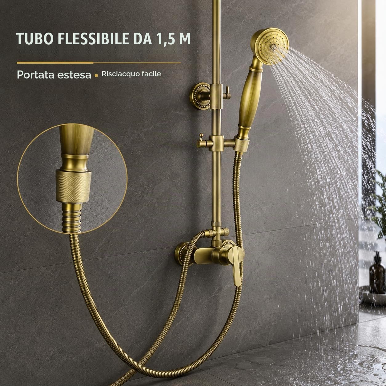 Doccia a Incasso Sistema Parete con Soffione Pioggia Quadrato 20cm, Doccetta a Mano, Rubinetto Vasca e Asta Doccia Regolabile in Finitura Bronzo