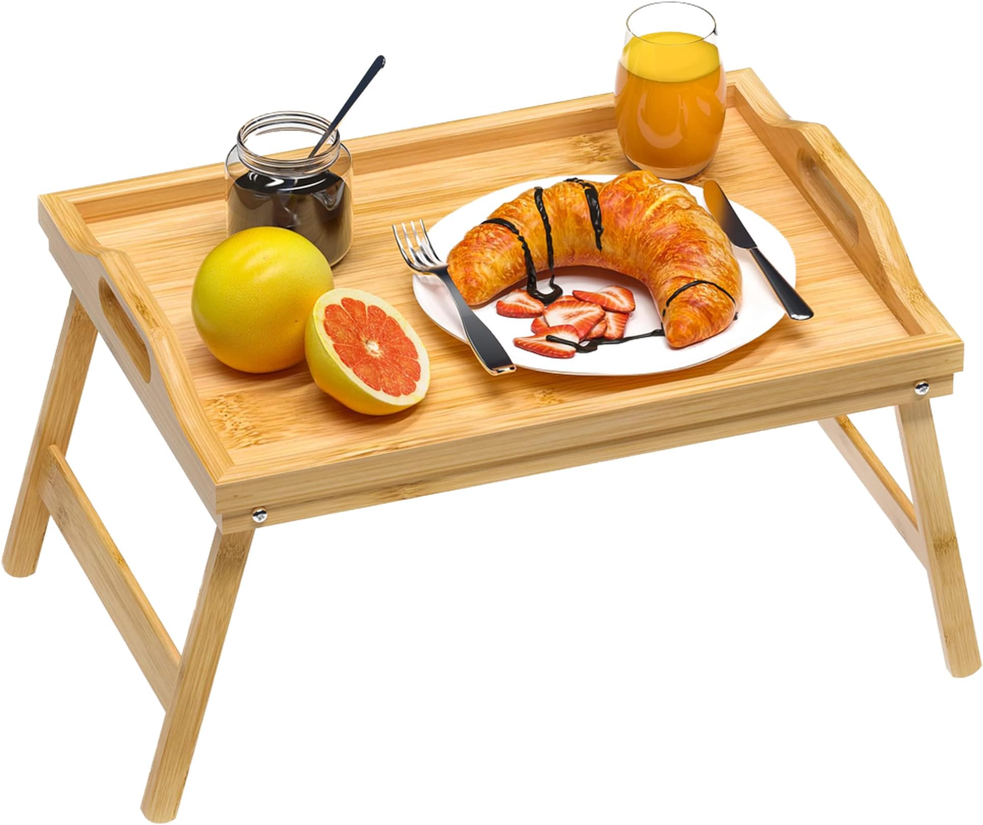 ZHUOYUE Bed Breakfast Tray Table Serving Lap Food TV Dinner for Eating with Folding Legs & Handles Bamboo