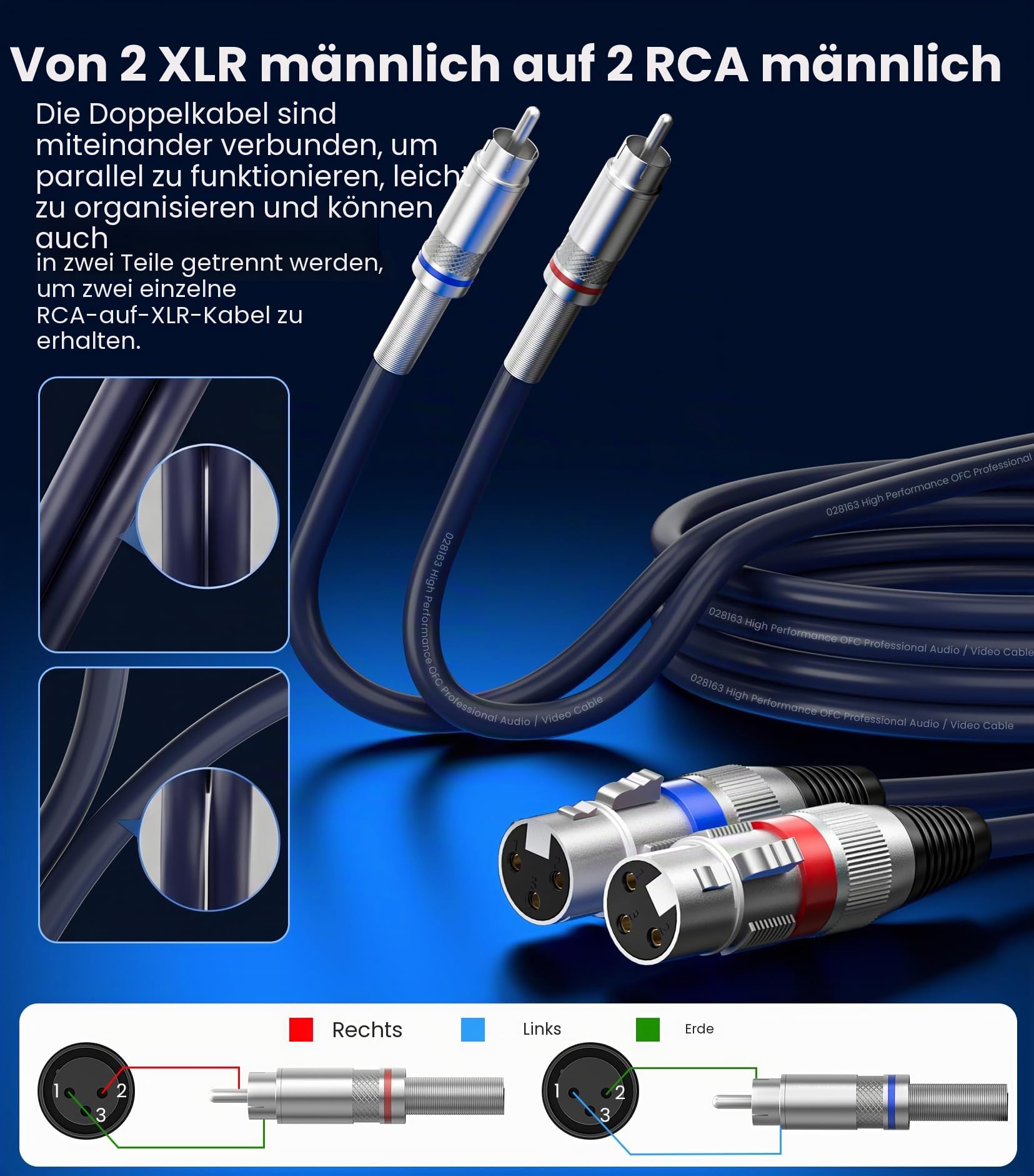 Tisino Doppelte XLR-Buchse auf Cinch-Kabel, Hochleistungskabel, 2 XLR-Buchsen auf 2 Cinch-Stecker, HiFi-Stereo-Audioverbindung, Mikrofonkabel, Drahtkabel- 3m