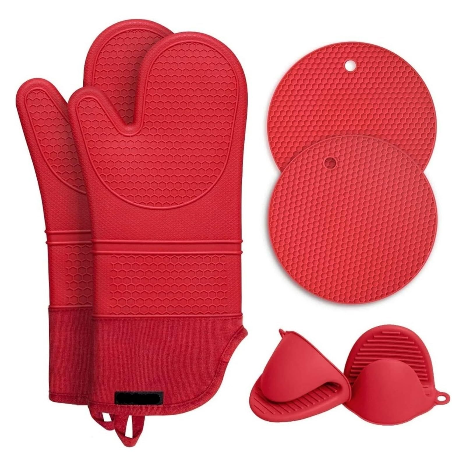 Set de 6 guantes de horno, agarraderas de silicona extra largas de 15" | 2 guantes de horno, 2 salvamanteles, 2 mini guantes de pinza, textura de panal, resistente al calor