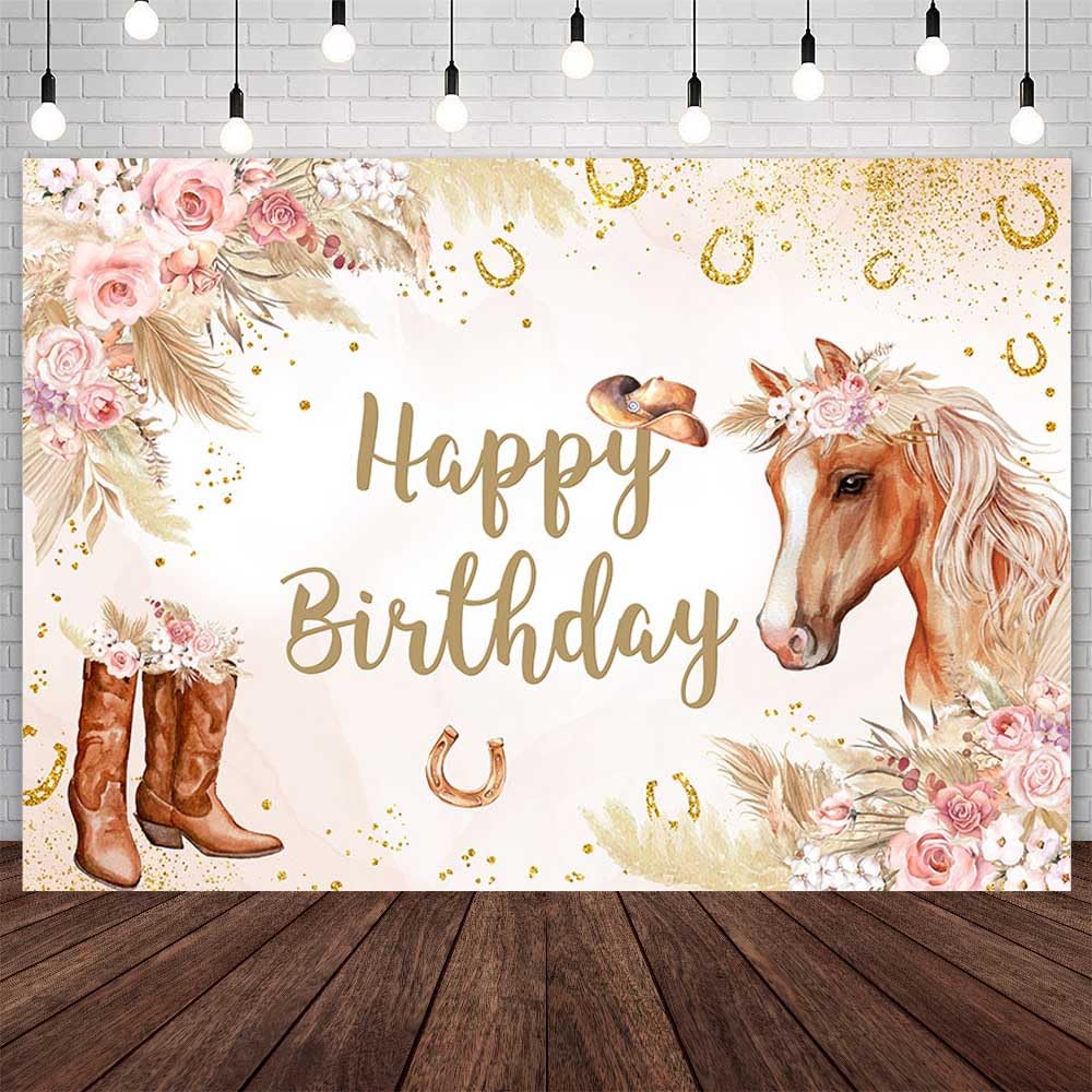AIBIIN 7x5ft Boho Horse Birthday Backdrop for Girl Pink Floral Cowgirl Birthday Photography Background Blush Pink Western Bohemian Horse Saddle Up