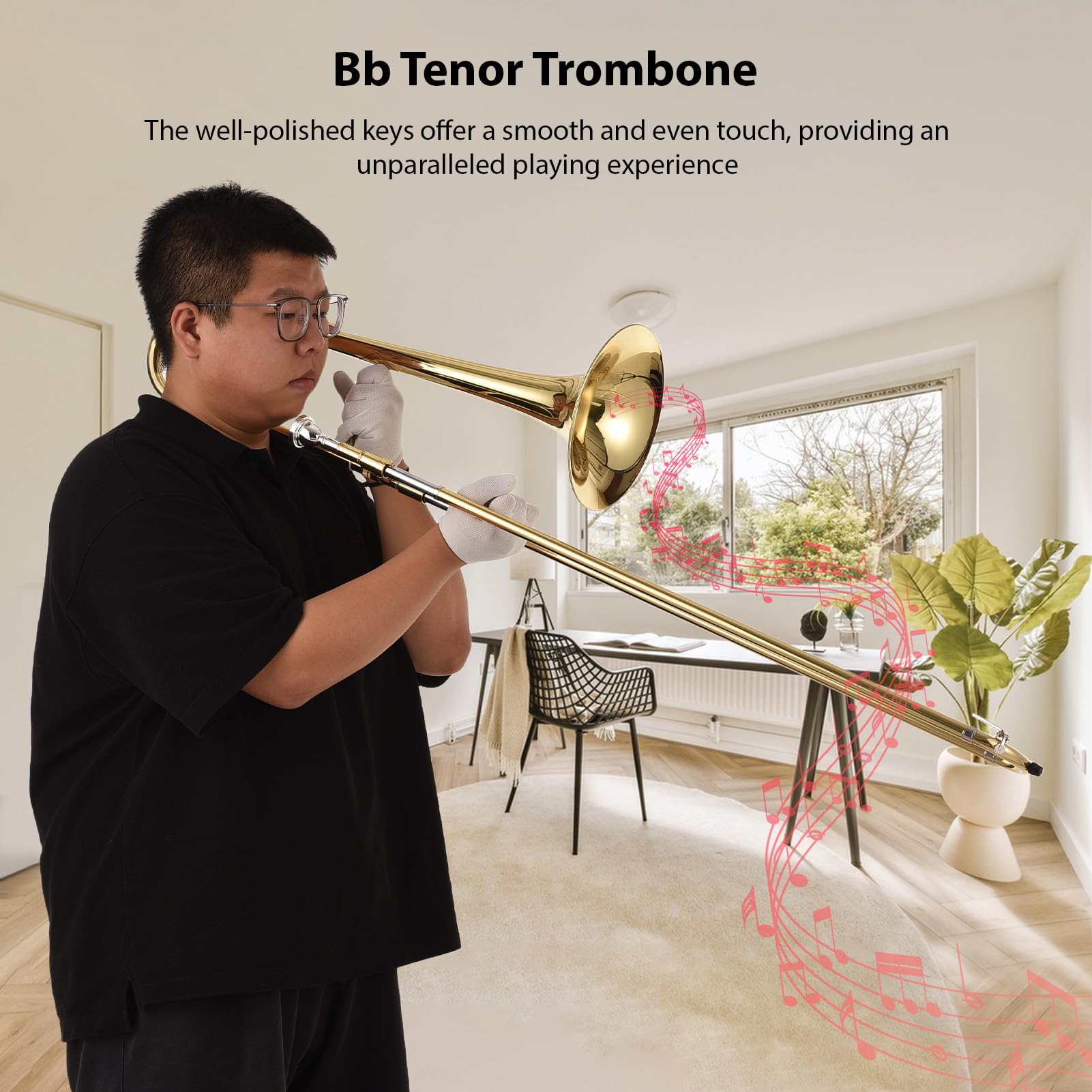 Trombone tenore in SIB per Principianti,Studenti,Strumento Trombone Placcato in Ottone,Trombone tenore a Coulisse in SIB con bocchino,Custodia per Il Trasporto,Guanti Bianchi,Panno per la