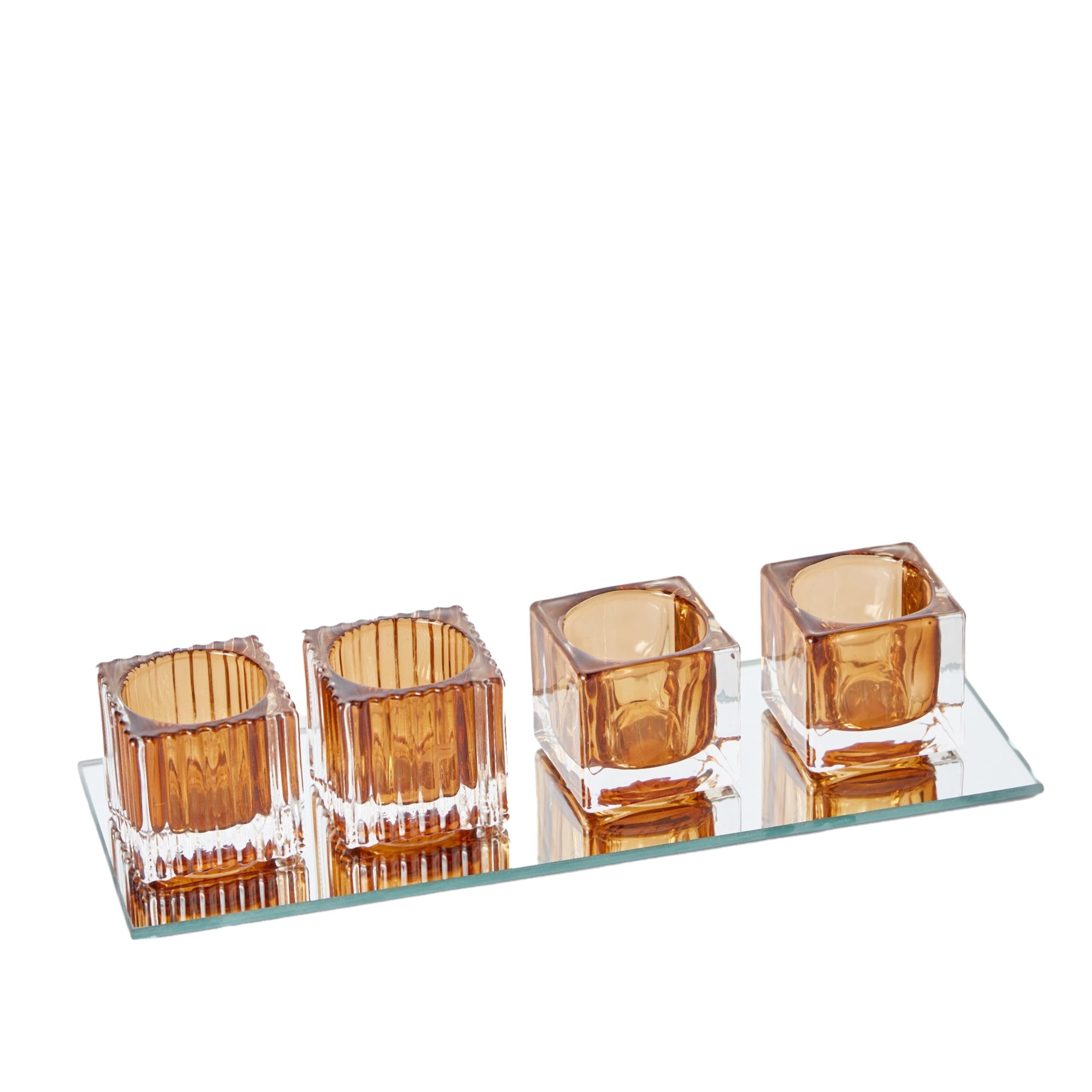 HomeBox Blenko 4-Piece Tealight Holder Set with Mirror Glass Tray - 28x11x6 cm