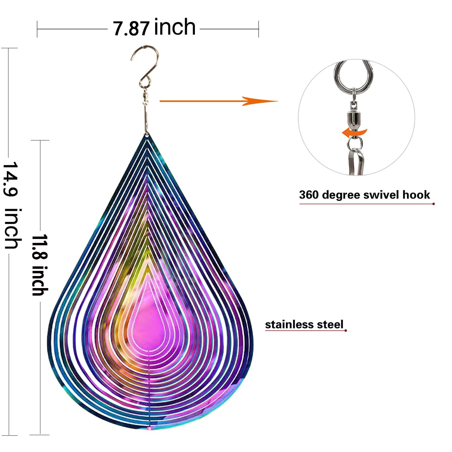 Molinillo de Viento de Metal 3D para Exteriores, Colgante, decoración de jardín, Regalos de Acero Inoxidable, Forma de Gota de Agua, con Gancho Giratorio de 360°