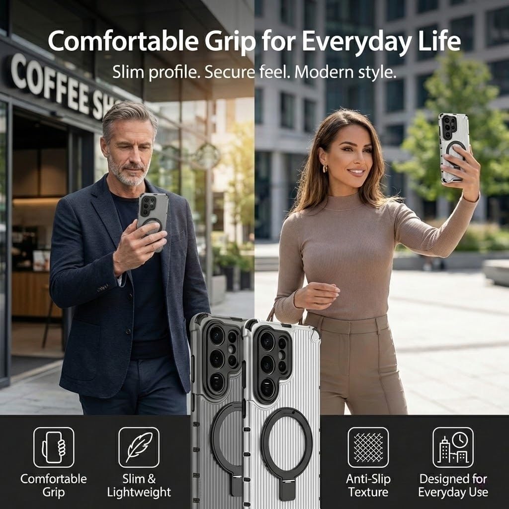 Magnetic Case for Samsung Galaxy S26/S25/S24 Ultra & Plus Series Compatible with MagSafe, with Rotatable Ring Stand, Slim Anti-Slip Textured Protective Phone Cover(Black,S25 Ultra)