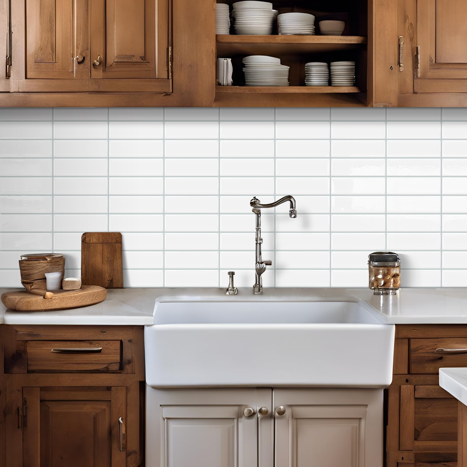 DEWOO Piastrelle adesive 3D per cucina, autoadesive, colore bianco, 10 pezzi | Piastrelle adesive rettangolari, per bagno, parete, cucina, 30,5 x 30,5 cm