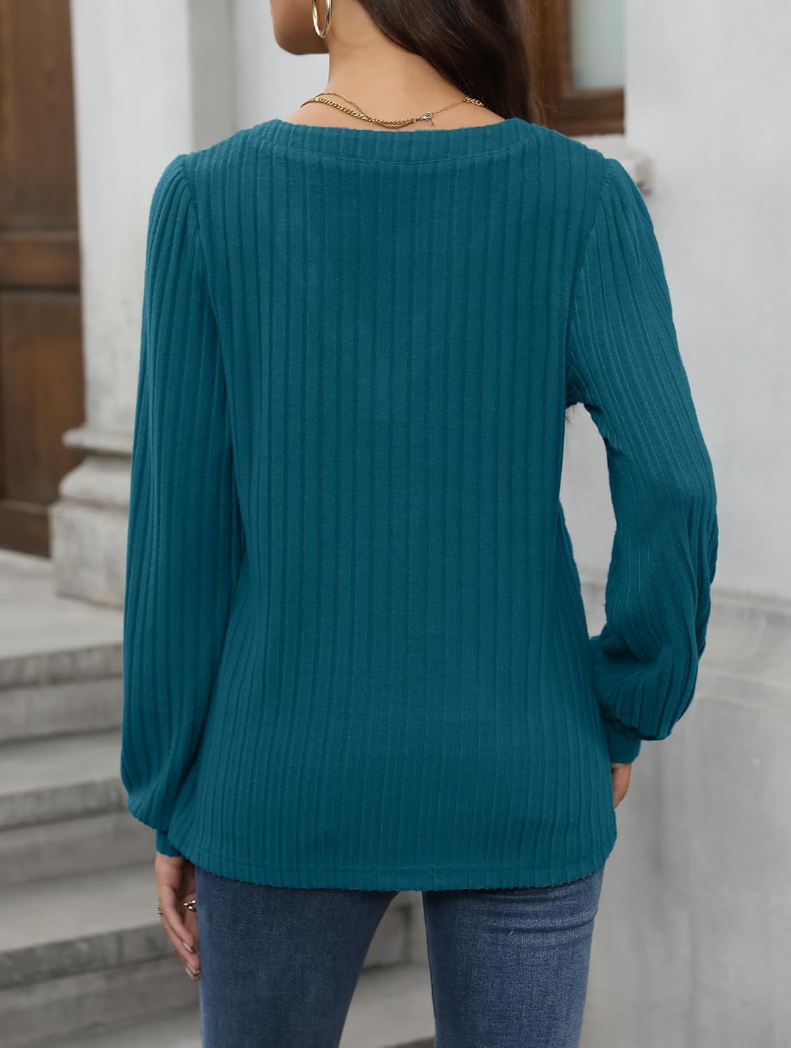 For G and PL Women's Fall Casual V Neck Button Shirt Puff Sleeve Ribbed Knit Tunic Top - Image 7