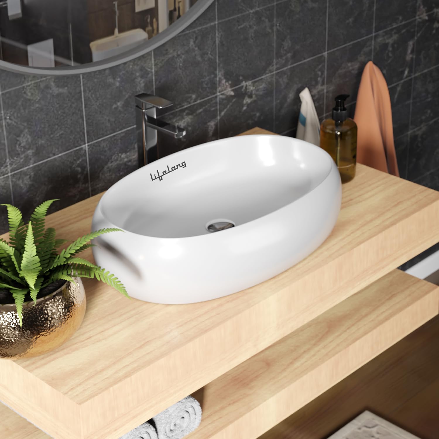 Lifelong Wash Basin for Bathroom - Tabletop Washbasin - Ceramic Glossy Oval Countertop Vessel Sink Ideal for Bathroom, Dining Hall & Vanity 61x38x13 cm (White, LLHIPB06) (B0D7M6HX6P) Amazon Price History, Amazon Price Tracker