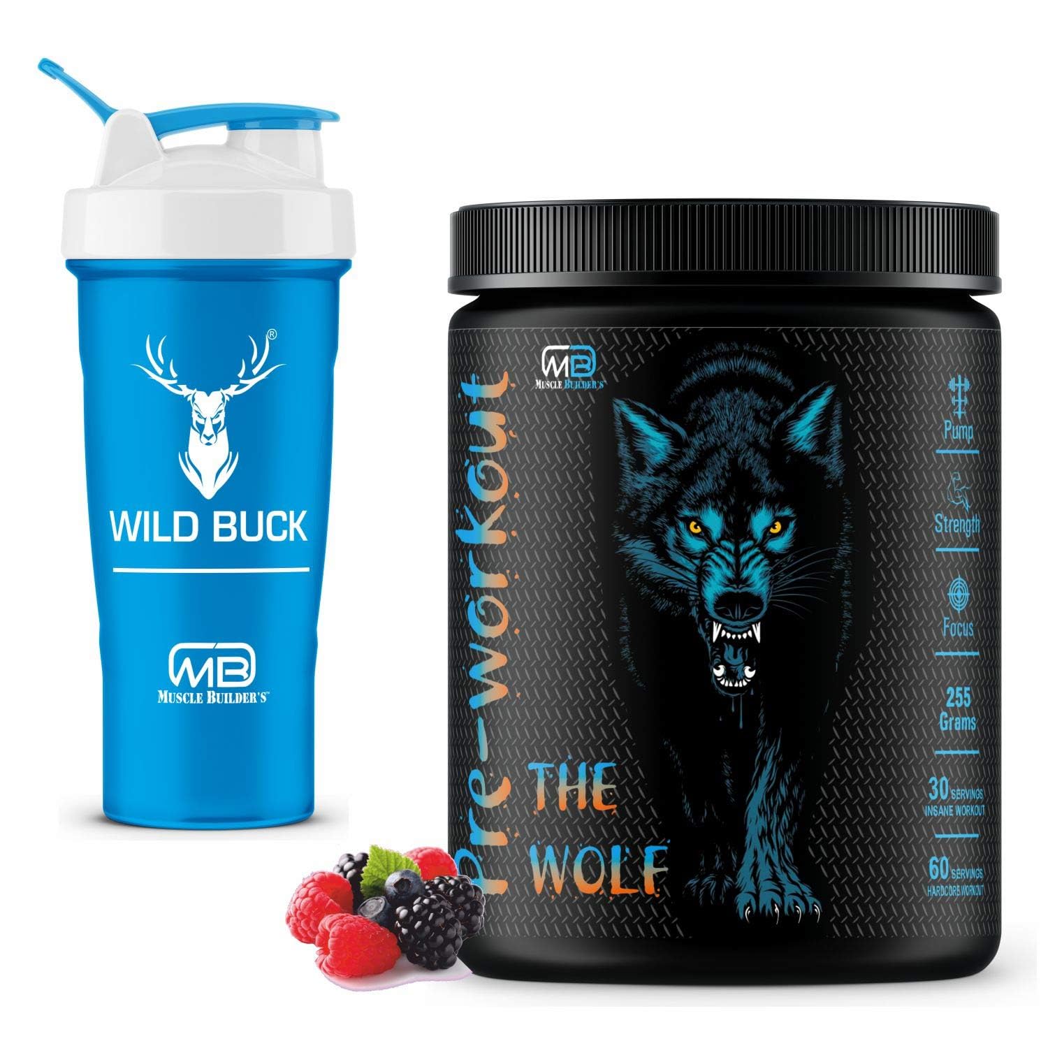 M B Muscle Builder's The Wolf Pre Workout Supplement with Creatine Monohydrate, L-Arginine, Beta-Alanine, Caffeine Anhydrous - For Men & Women [30-60 Servings, Mix Berries, 255g] With Free Shaker