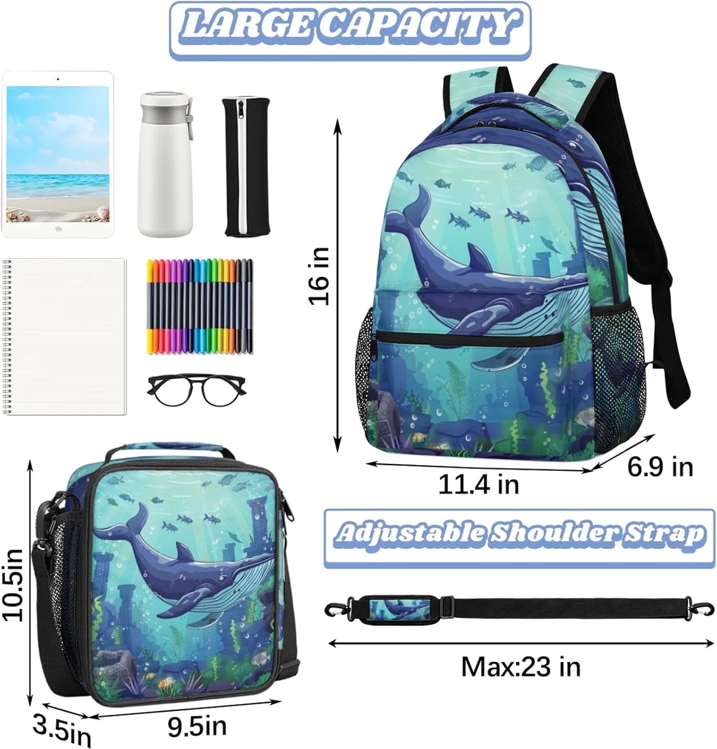 Ocean Cartoon Whale Backpack Set, Backpack with Lunch Box Gifts Set for Women Men, Multifunction 2Pcs Laptop Travel Picnic Camping Backpack with Lunch Bag