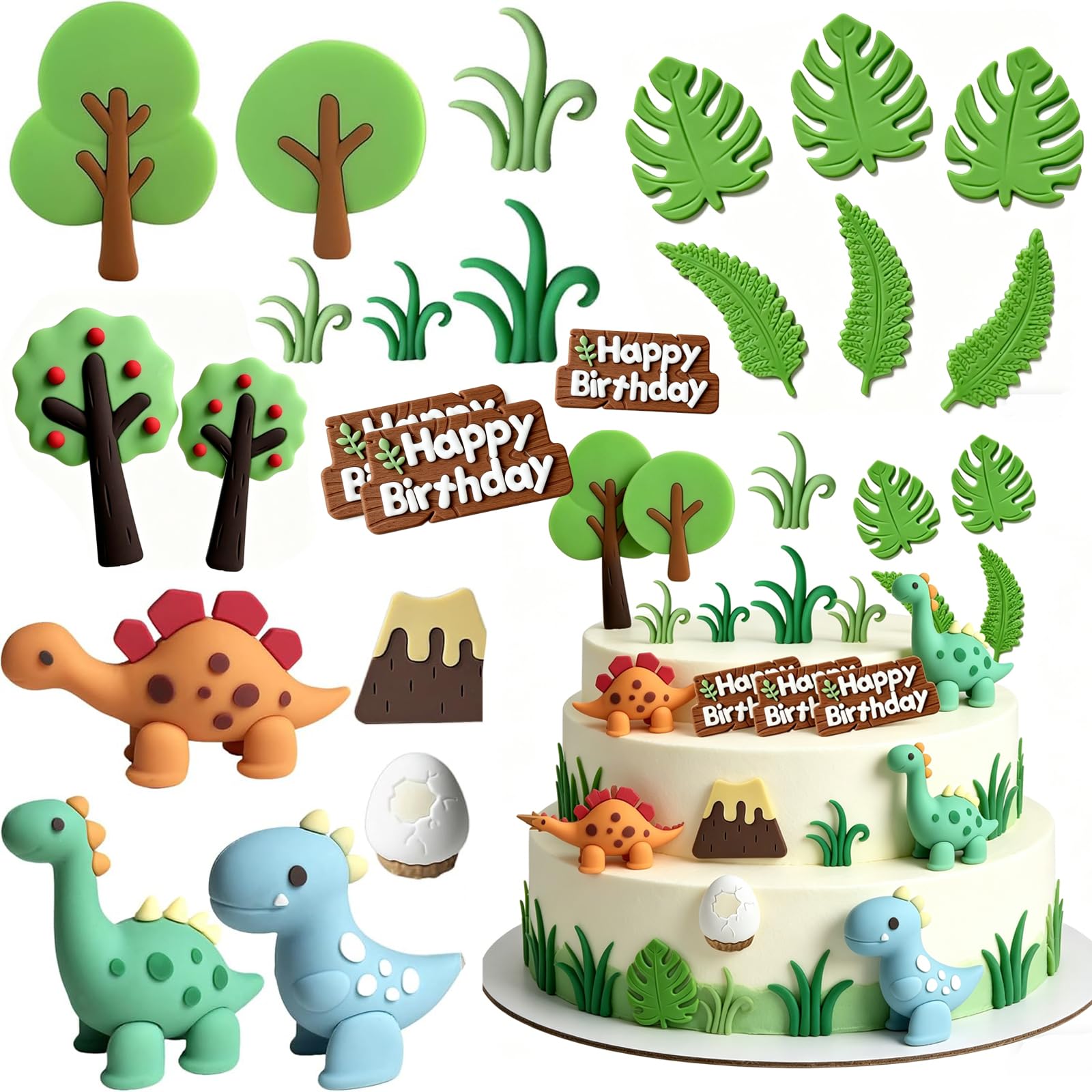 22 PCS Dinosaur Cake Toppers, 3D Dinosaur Cake Decorations Set With Trees Grass Egg, Reusable Cake Topper For Dinosaur Cake Birthday Party Baby Shower Cupcake Decorations