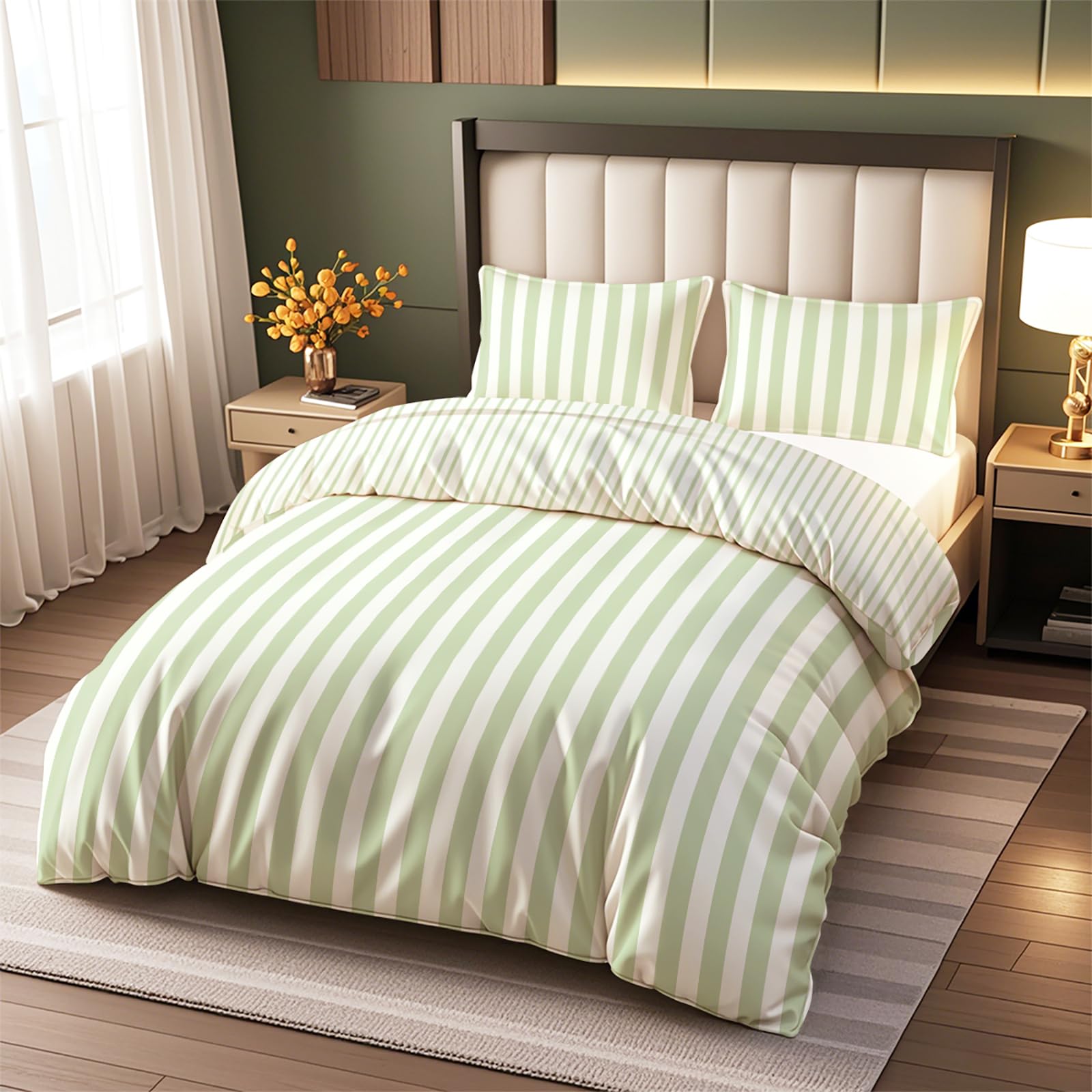 Vryxel Striped Bedding Single Duvet Cover Set Bed Zipper Green White 135×200CM