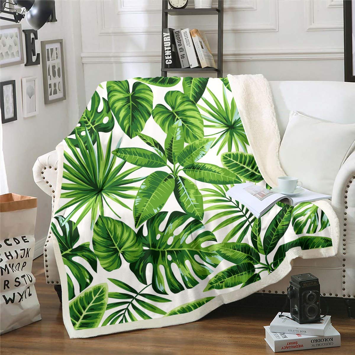 Loussiesd Men's Multicolored 13226 Tropical Fleece Throw Blanket With Botanical Leaves Sherpa For Wo, Adults - Palm Leaf Printed Plush Green Plants Nature Fuzzy Blanket For Sofa, Bed, Couch - Single 50X60 Inch