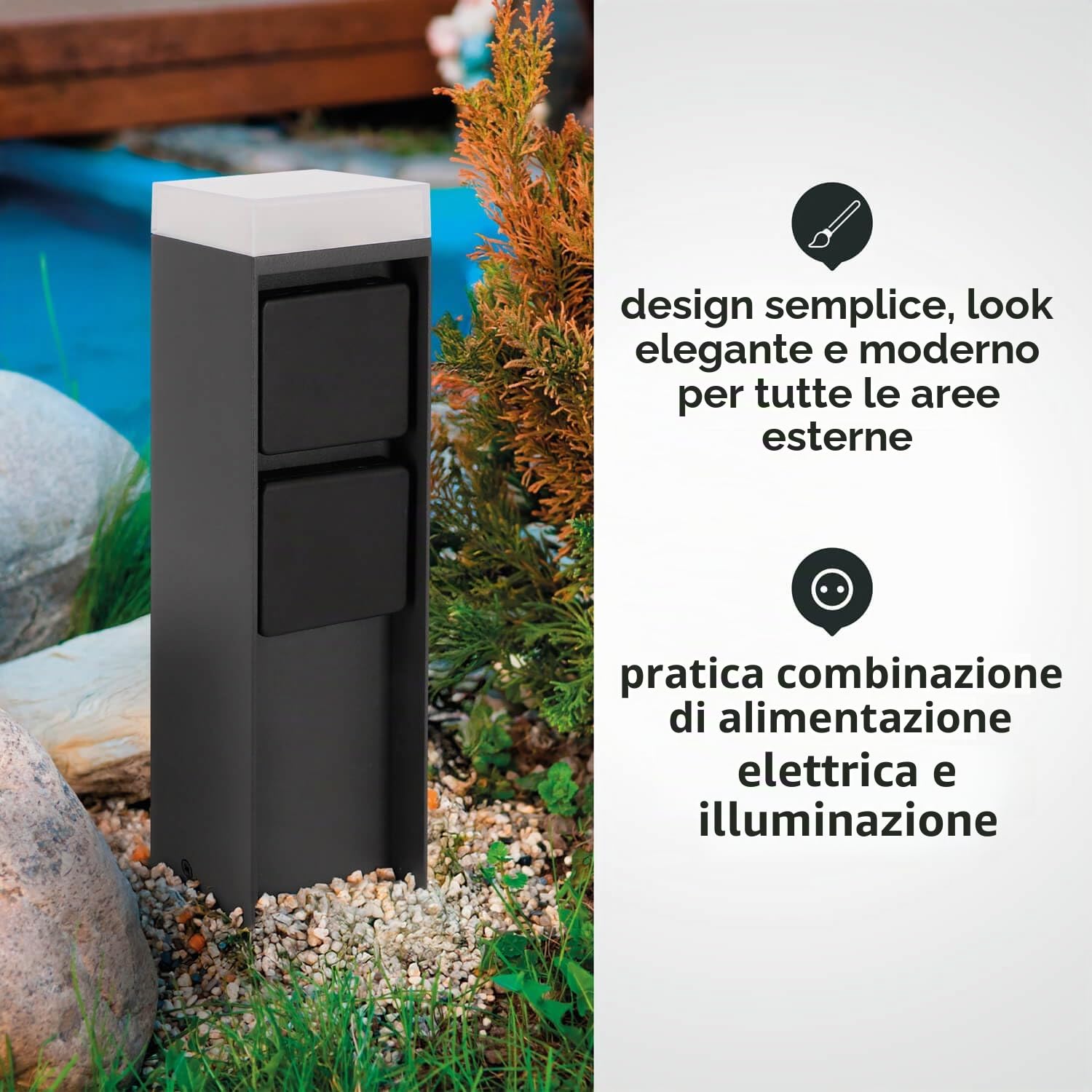 LED Universum - Presa da giardino con illuminazione LED ADAM 2 antracite 4000 K 560 lm 4,5 W Presa esterna 27 cm x 7 cm 2 slot max. 3680 W terrazza