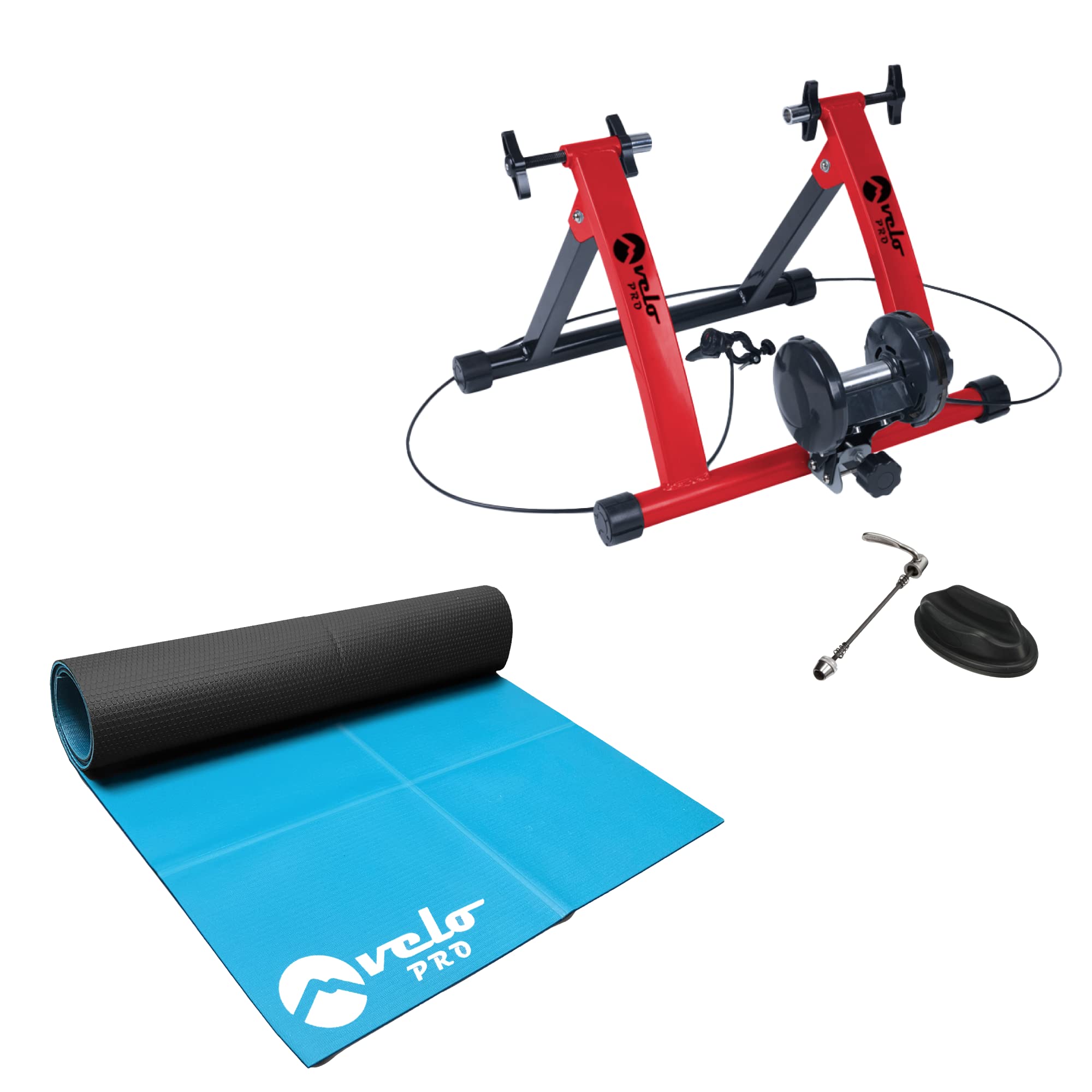 Velo Pro Turbo Trainer and Exercise Mat Bundle - Variable Resistance Magnetic Indoor Bike Trainer for Road & Mountain Bicycles - Stationary Exercise Bike Stand - Real Road Feel - 26"-28" Wheels - Red