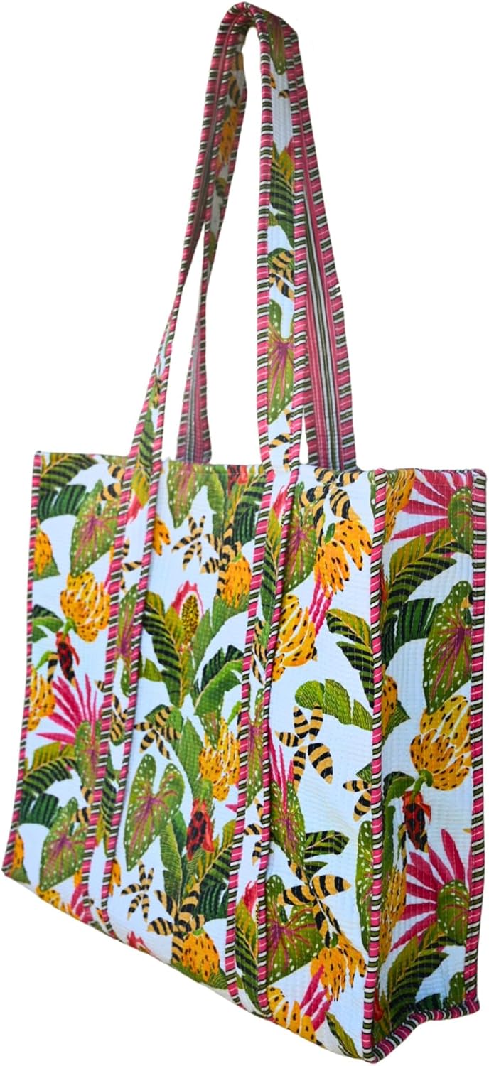 Indian Handmade Quilted Cotton Tote Bag – Hand Block Printed Reversible Shoulder Bag for Women, Lightweight Travel Purse, Large Multicolor Eco-Friendly Shopping & Beach Bag, Gift for Her