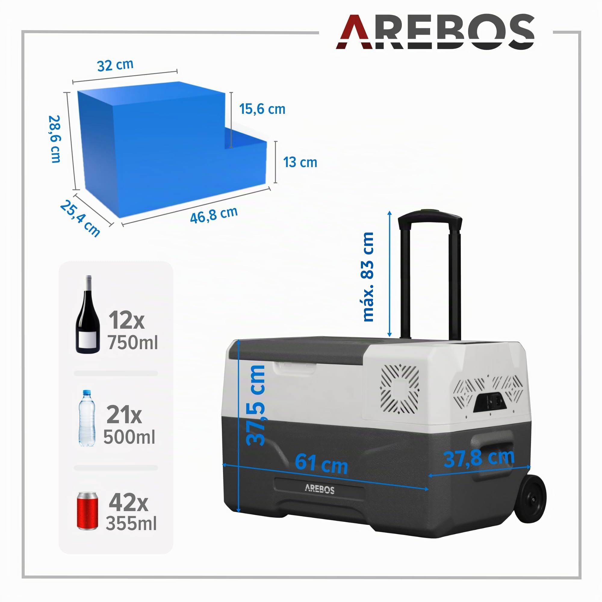 Nevera de compresor Arebos con Ruedas 27 litros | Congelador eléctrico con Control App para Enfriar, congelar y Mantener Caliente | Refrigeración hasta -20 °C | Nevera para Coche
