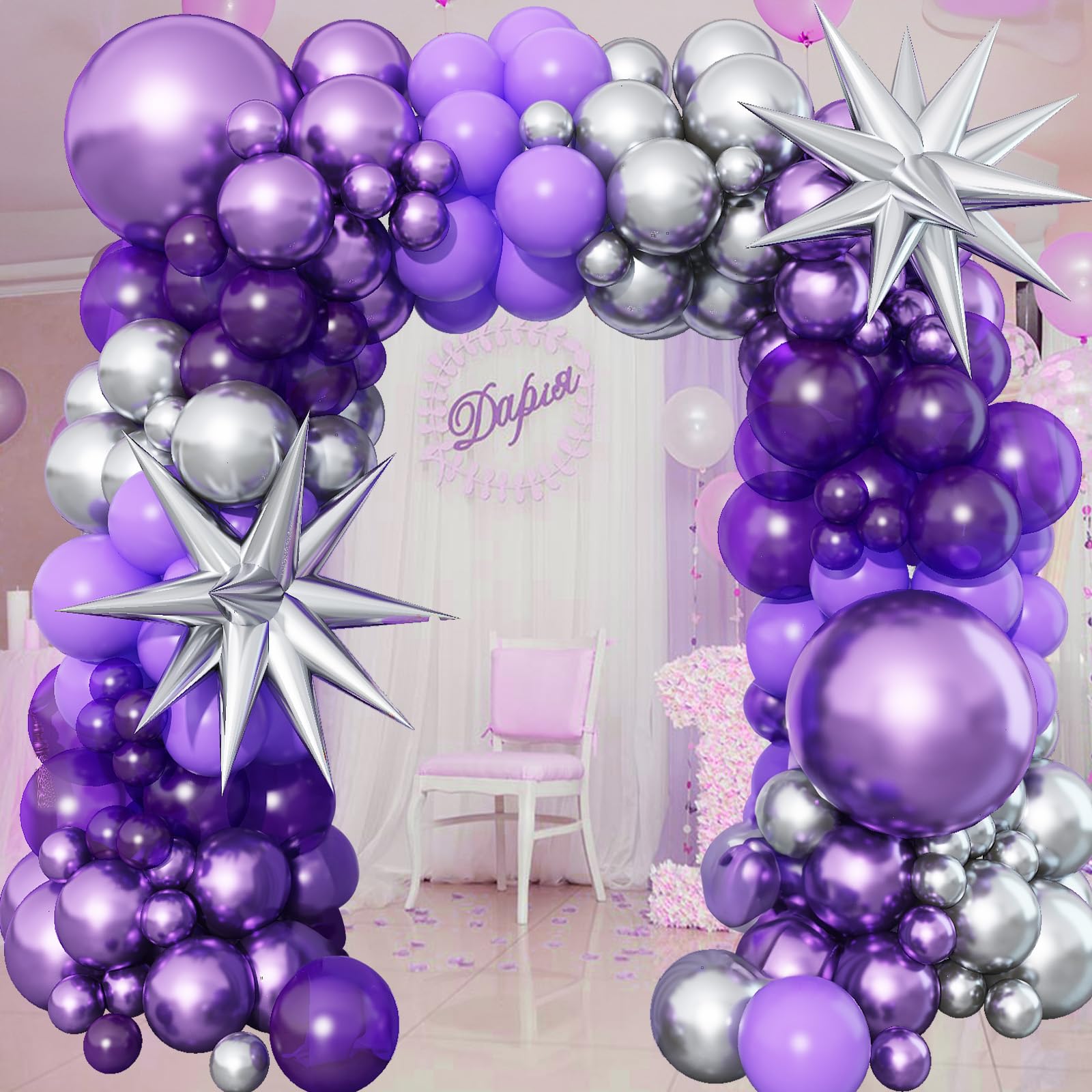 120 Stück Luftballon Girlande Dunke Lila mit 2 Sternballons, Ballons Girlande Pastell Lila und Metallic Lila Silber, Lila Luftballons für Mädchen Frauen Geburtstag Hochzeitstag Babyparty Party Deko