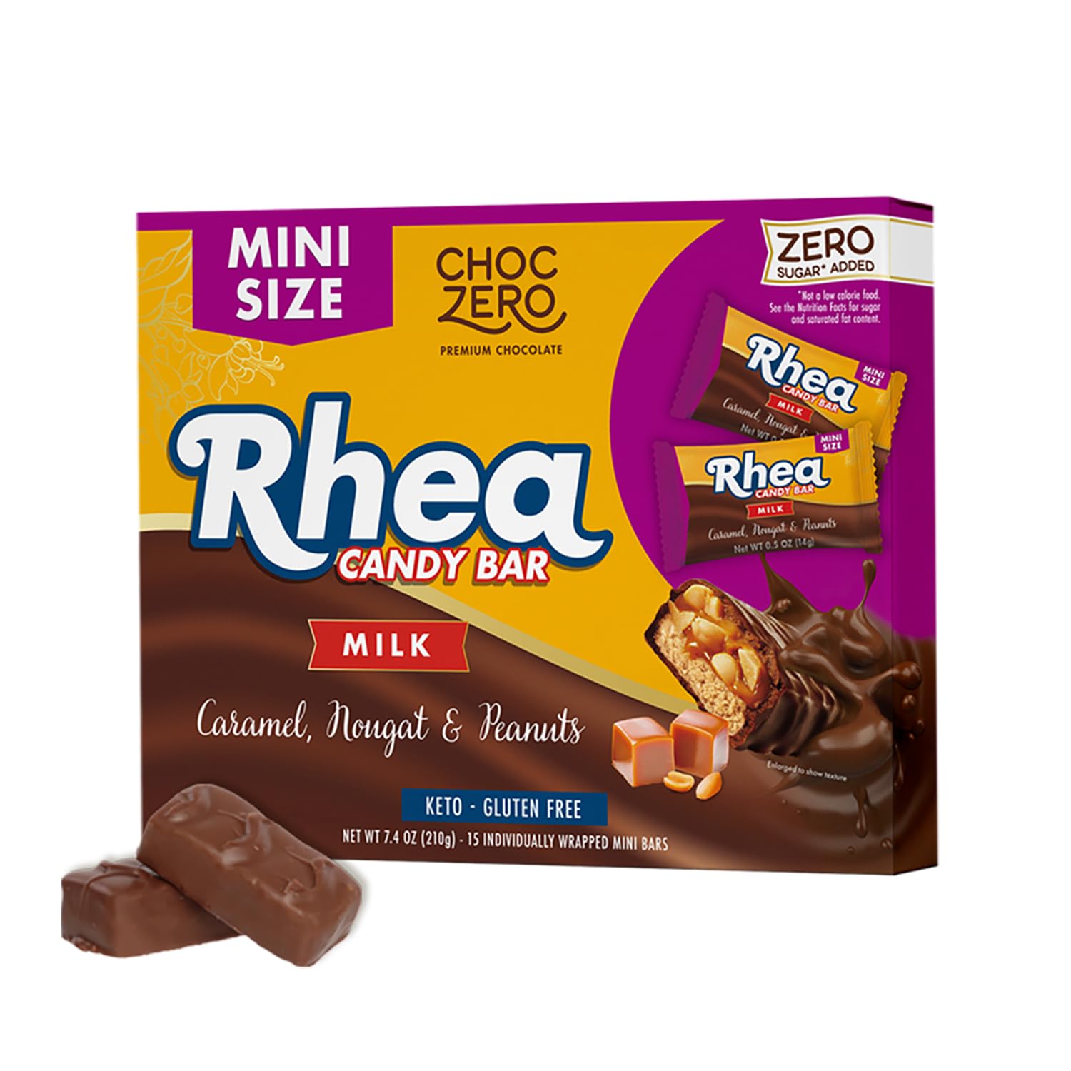 ChocZero Milk Chocolate Caramel Peanut & Nougat Candy Bars, No Added Sugar, High Fiber, Gluten Free, Keto Friendly Mini Rhea Bars (0.5 Ounce Each, 15 Count Box)