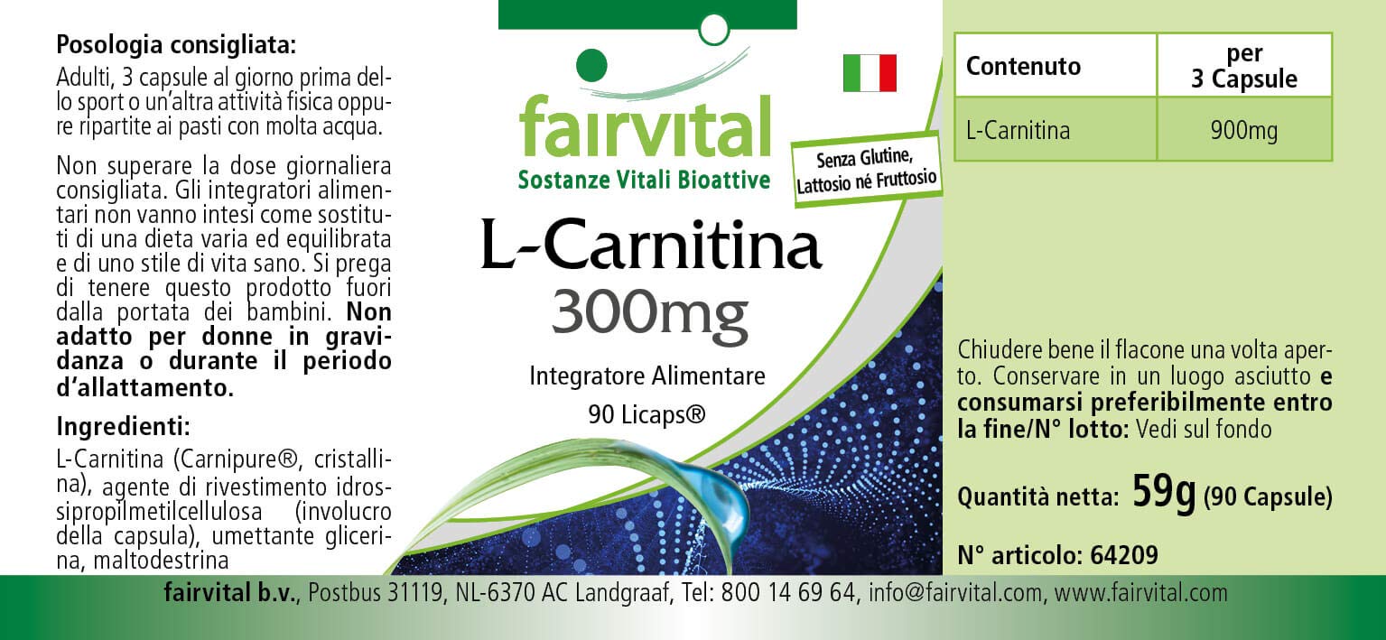fairvital L-Carnitina Capsule 300 mg, 90 LiCaps®, facili da deglutire, ALTO DOSAGGIO, VEGANE