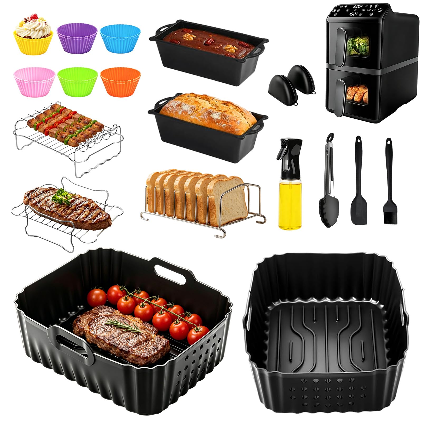 29-częściowy zestaw akcesoriów do frytkownicy na gorące powietrze dla Philips Airfryer 4000 Series Dual Basket 10L NA460/NA462 - z silikonową formą do frytkownicy na gorące powietrze, rusztem