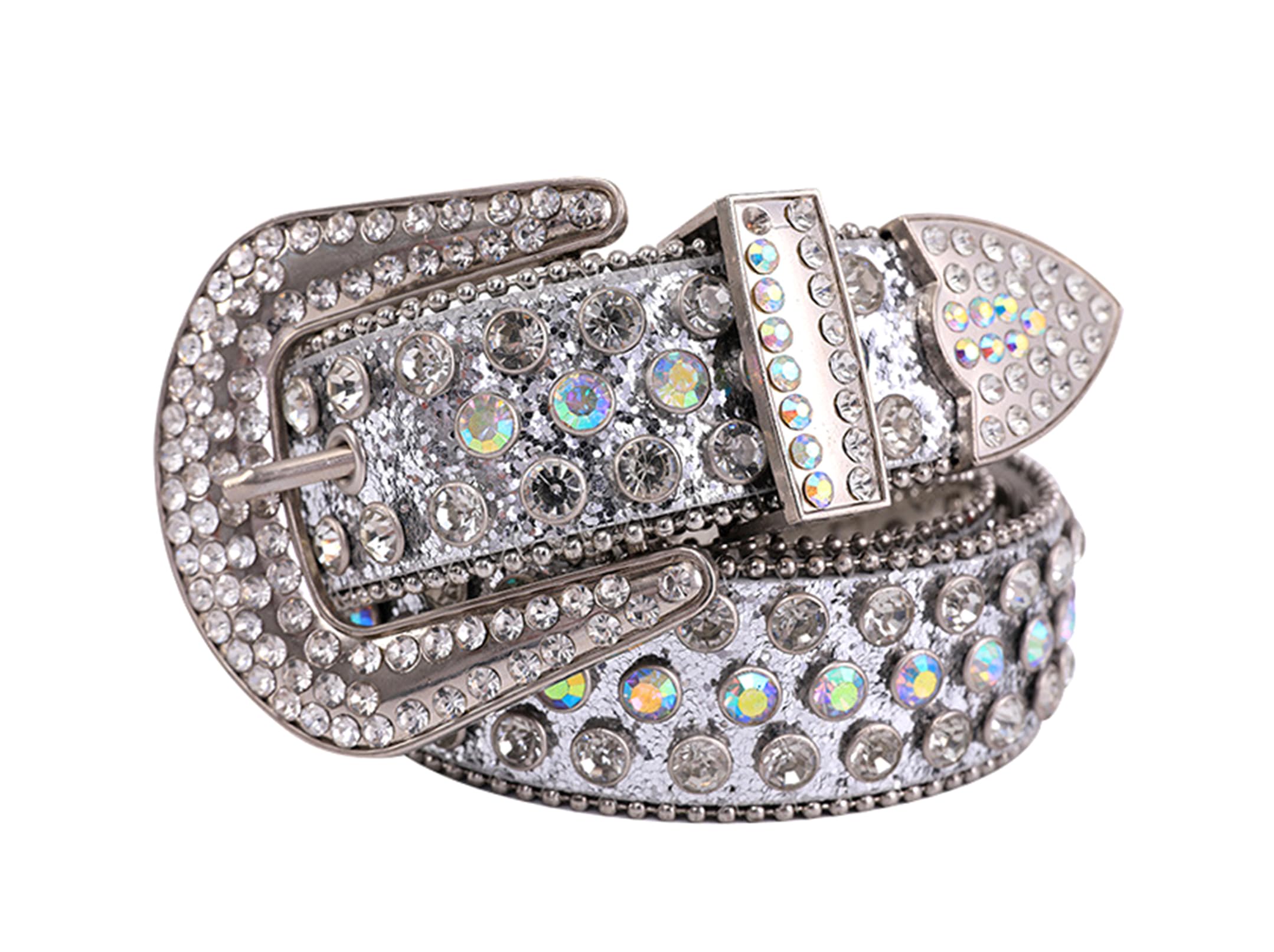 BAYINDA Fashion Rhinestone Belt for Women Men, Sparkle Diamond Studded Belts PU Leather Western Waist Strap for Jeans Dresses (Silver,Fit Waist Size 31