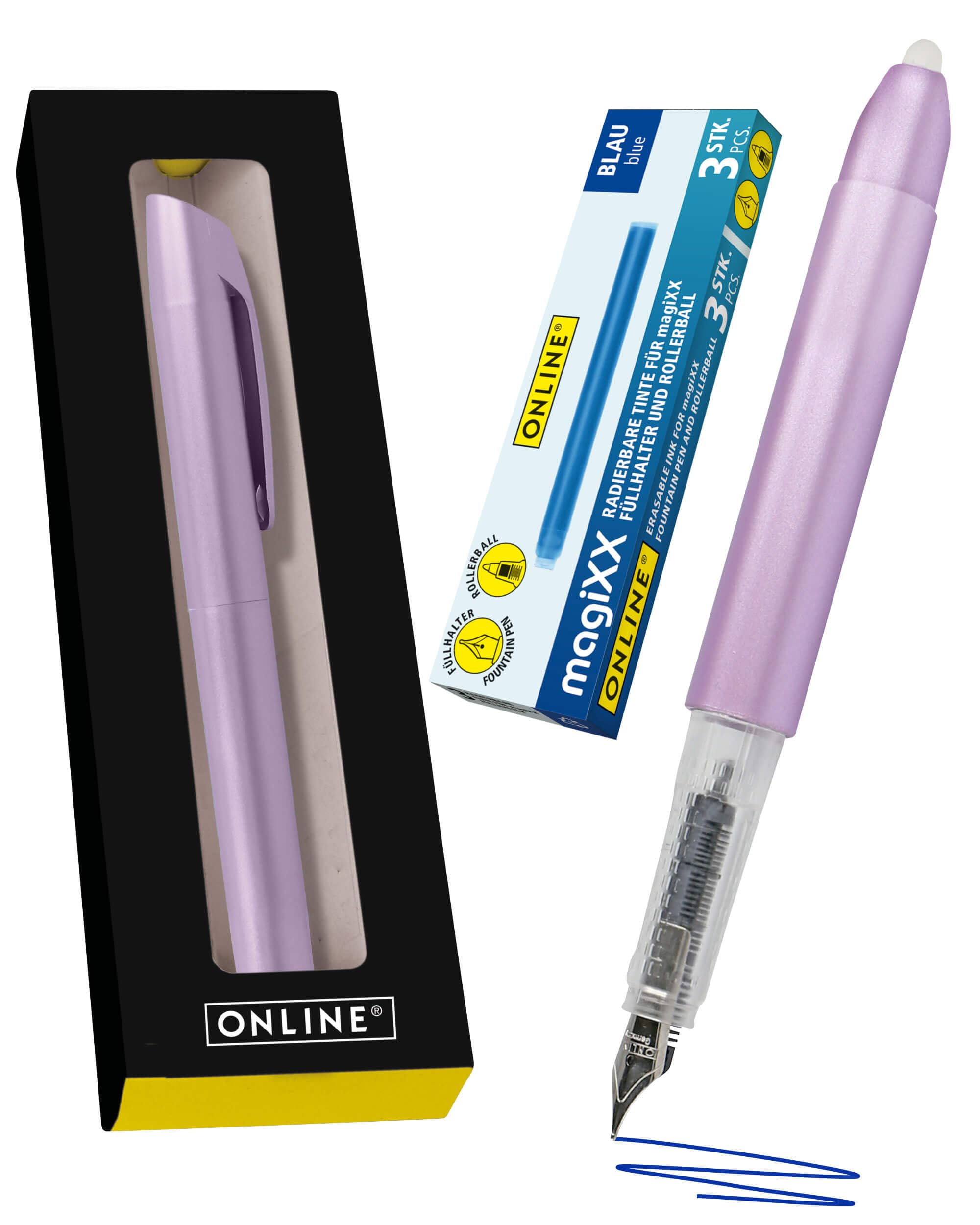 Online magiXX Metallic Lilac Fountain Pen with Erasable Blue Ink with 4 magiXX Cartridges for Writing, Erase and Correct in One Fountain Pen as Gift for School and University โ image 1
