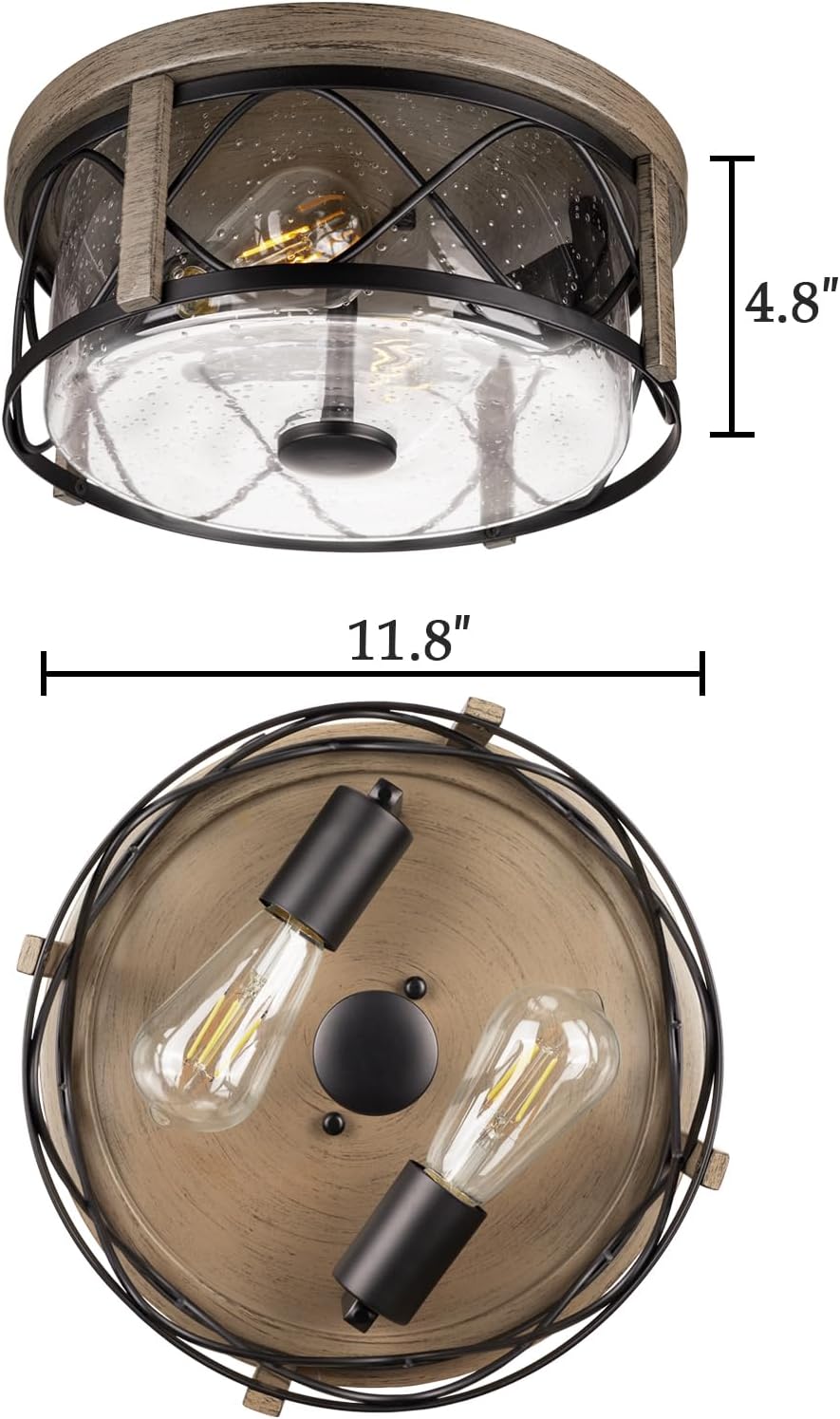 Rustic Close to Ceiling Light Fixtures, Farmhouse Wood Grain Flush Mount Ceiling Lighting, Metal Cage Lighting with Seeded Glass for Home Kitchen Dining Room Bedroom Hallway Entryway Foyer