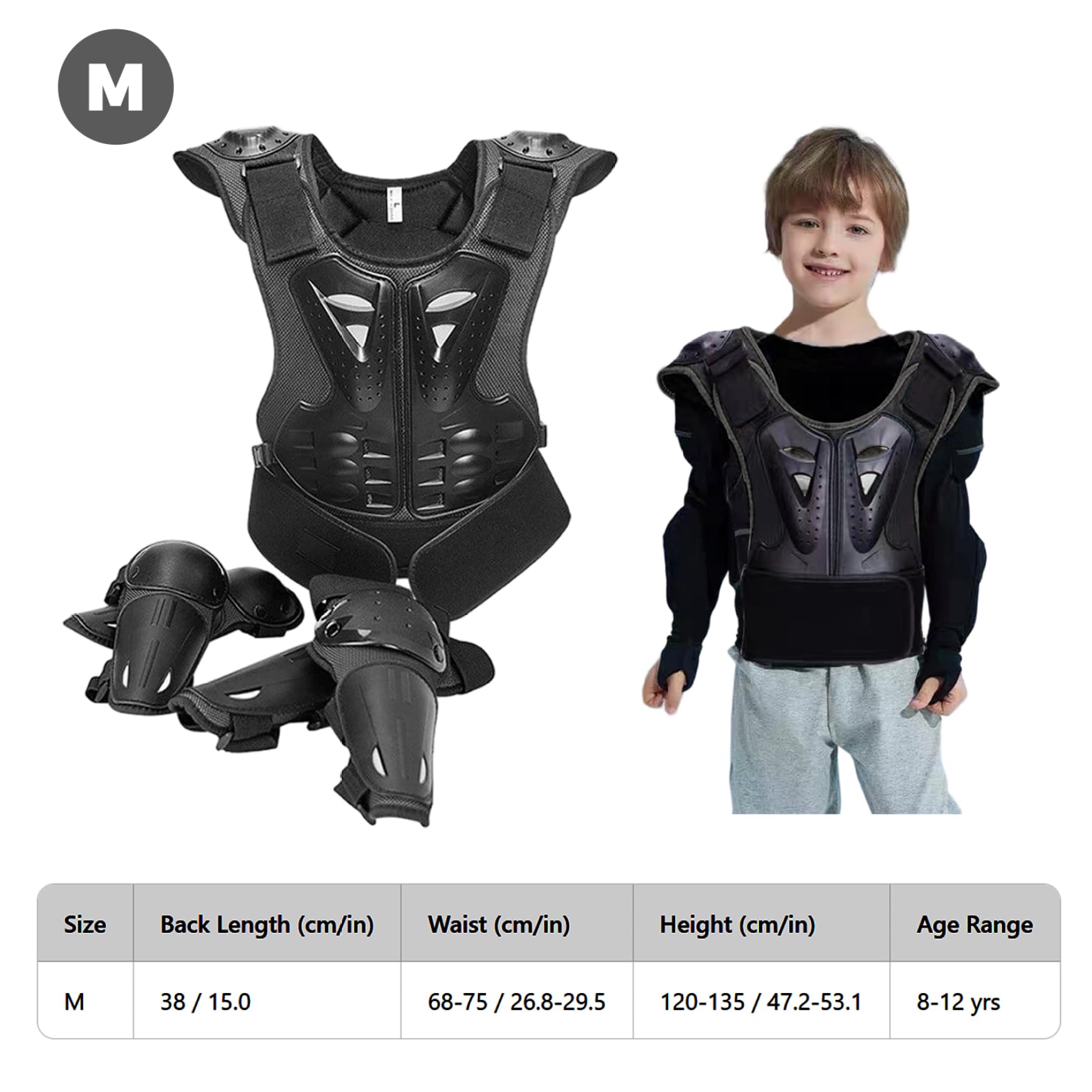 Set di 5 tute da per bambini, traspiranti, da motocross, con protezione per il torace, ginocchiere e gomitiere per bambini 8-12 anni, equitazione, sci, pattinaggio, protezione per il torace, m