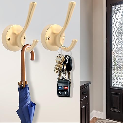 Vista 61 de Ganchos dorados para pared, paquete de 3 ganchos para toallas, de metal resistente, doble gancho para bata de baño, ganchos para sombreros