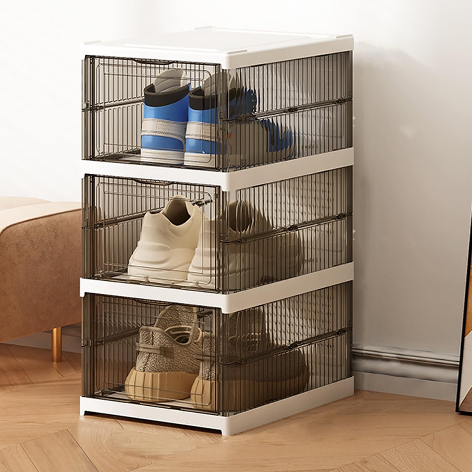 Zapatero plegable que ahorra espacio, transparente, apilable, caja de almacenamiento para botas, tenis, dormitorio, entrada, oficina, ideal para zapatos