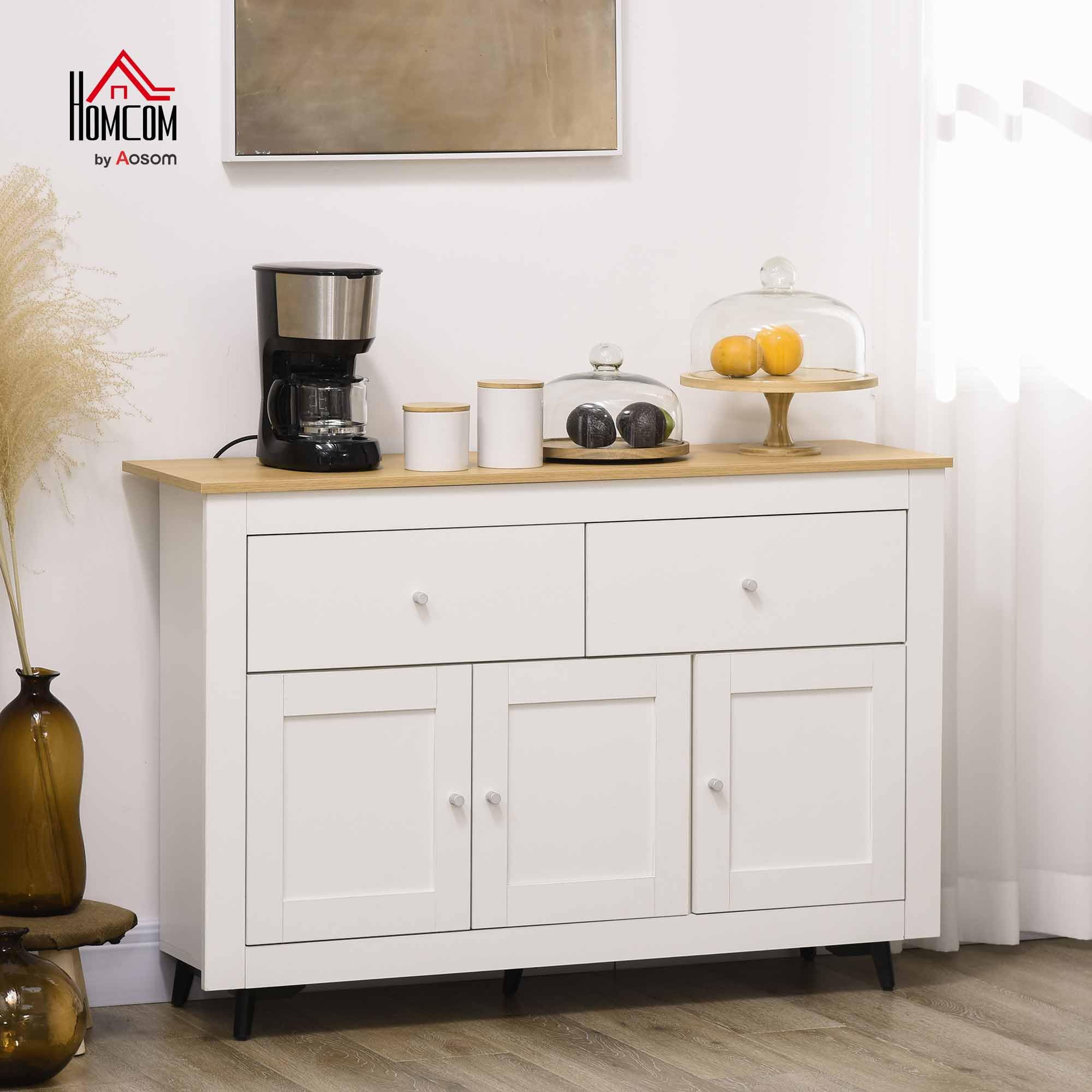 HOMCOM Credenza Cucina Buffet Moderna Madia 2 Cassetti 117x35x80 cm Bianco | 3 Ante Soft Close, Mobile Cucina, Ripiano Regolabile, Soggiorno e Ingresso, in Legno