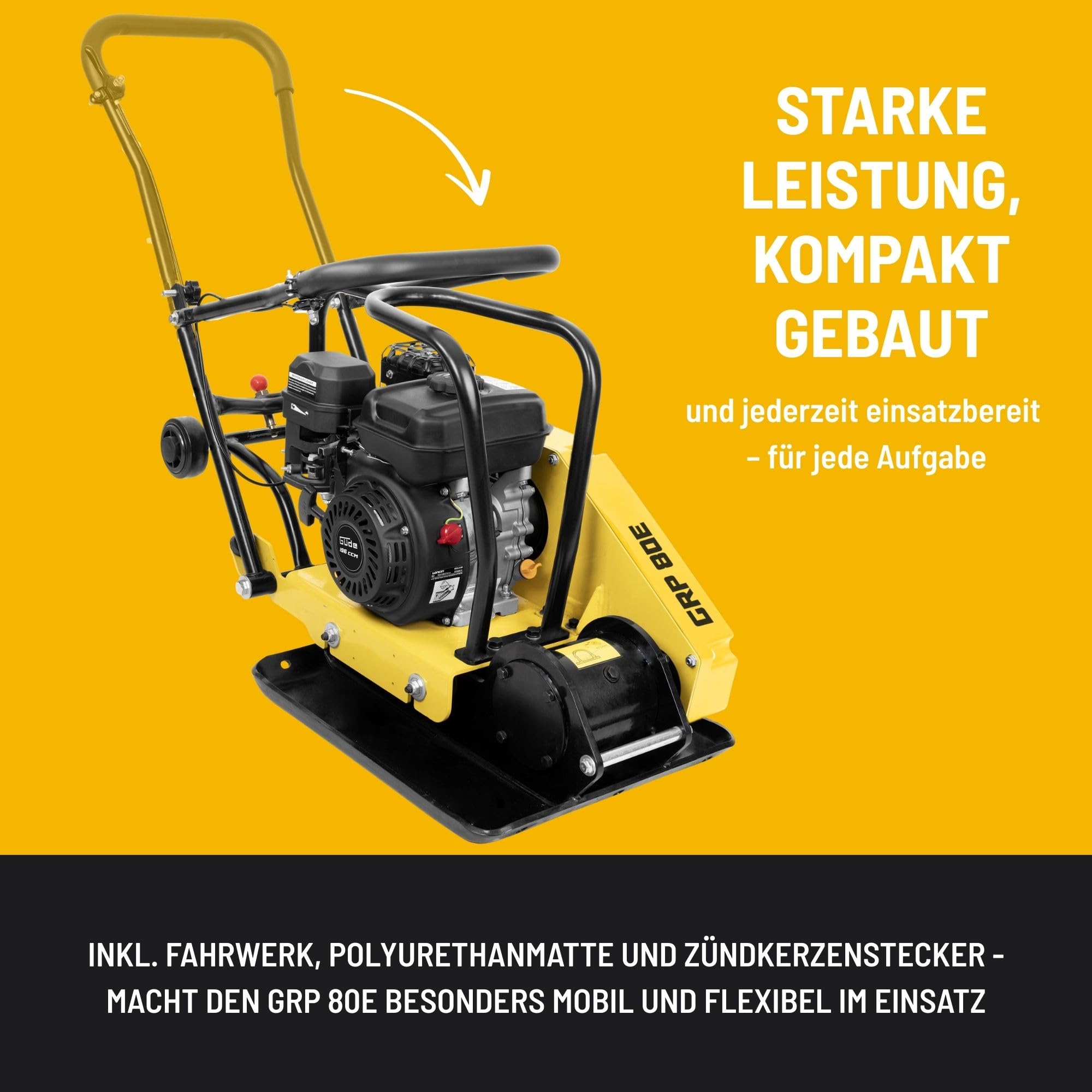 Güde GRP 80E Rüttelplatte - 4-Takt-Motor, 196 Kubikzentimeter Hubraum, 4,1 Kilowatt, 5,5 PS, 42 x 52 Zentimeter Arbeitsplatte, 14 kN Verdichtungsdruck, 20 m/min Vorlauf, Polyurethanmatte, Fahrwerk