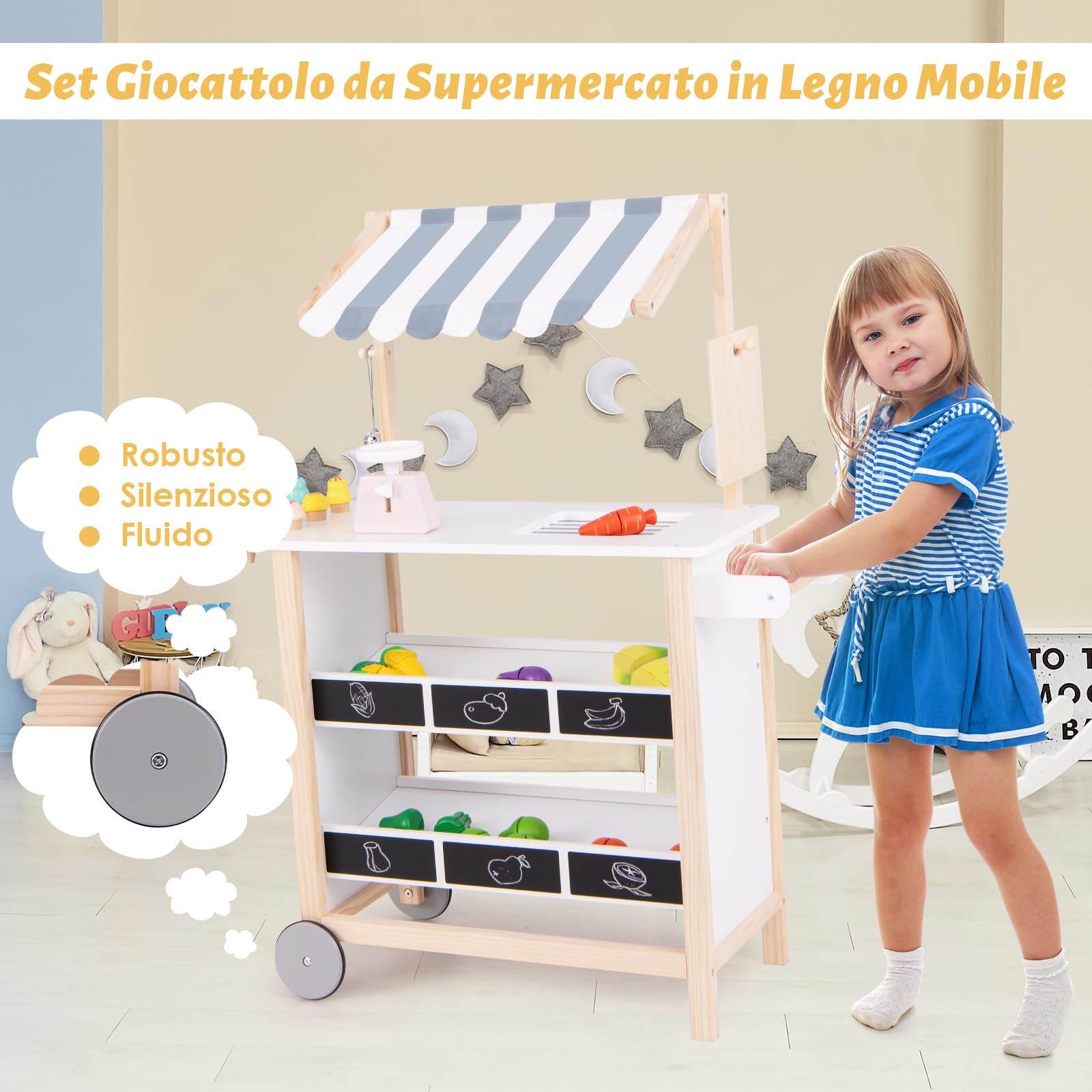 RELAX4LIFE Bancarella in Legno per Bambini con Carretto dei Gelati, 6 Coni Gelato, Ripiano e Lavagna, Bilancia e Campanello, Gioco di Ruolo Educativo, (BIANCO,79,5 x 29,5 x 100 cm)