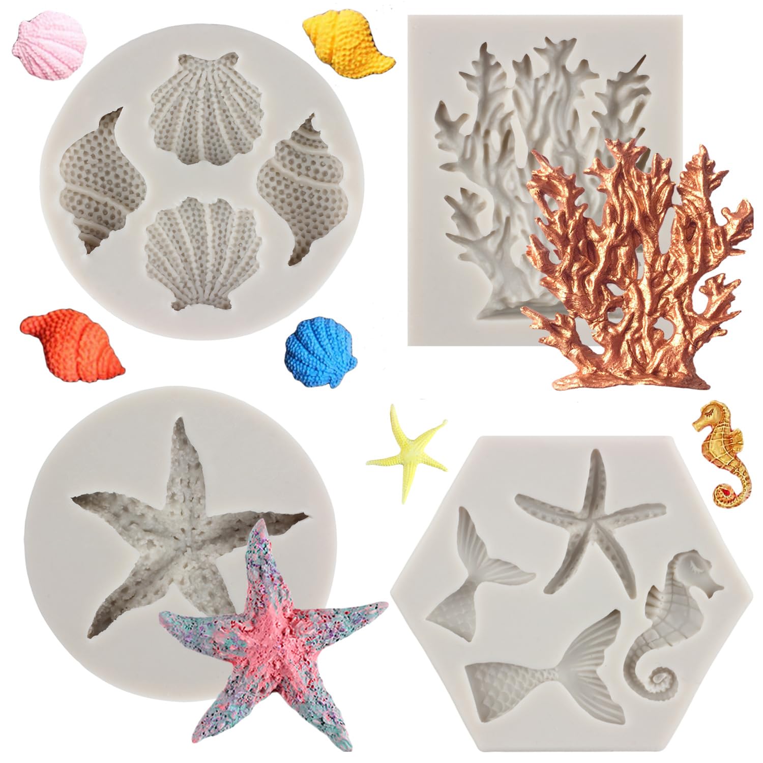 Marine Theme Fondant Mold Seashell Conch Starfish Baking Silicone Molds Coral Seahorse Mermaid Tail Molds For Cake Decoration Cupcake Topper Candy Chocolate Gum Paste Polymer Clay Set Of 4
