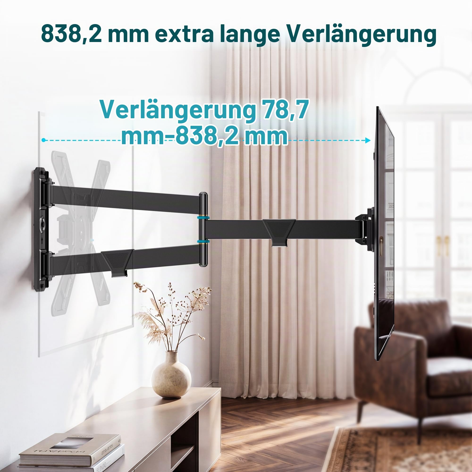 BONTEC Langarm TV Wandhalterung 32-75 Zoll, 838 mm Auszug, bis 50 kg | Voll schwenkbar und neigbar, 90° rotierbar, VESA 600x400 mm, für Eckmontage, Fensterbereiche und Hochformat-Nutzung