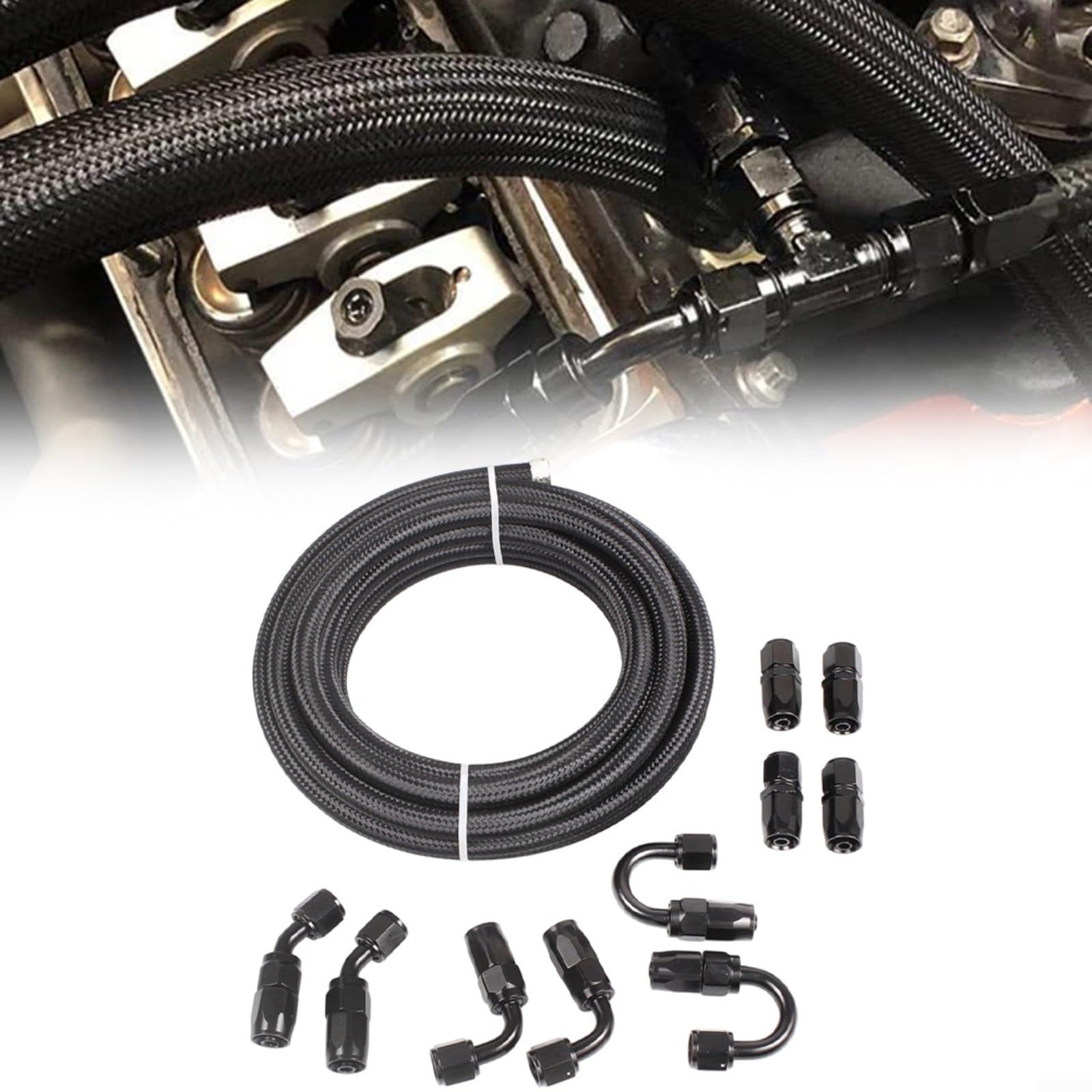 AN6 Kit de manguera de enfriador de aceite, 6 m para exterior de nailon de acero inoxidable con 10 accesorios para motores de gas de bomba de gas de carreras