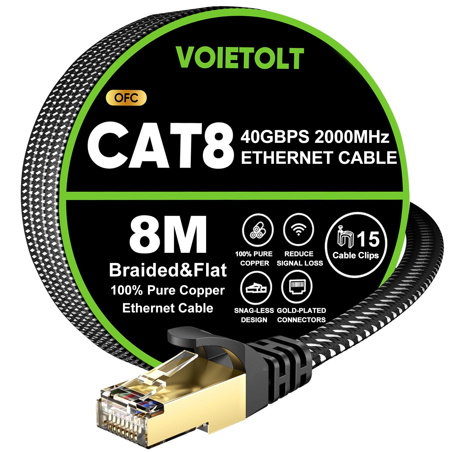 VOIETOLT Cat 8 Lan Kabel 8M, 40Gbps/2000Mhz Flaches Geflecht Netzwerkkabel Ethernet Kabel, S/FTP RJ45 Gigabit Patchkabel für PS4/5, für Modem, für Router