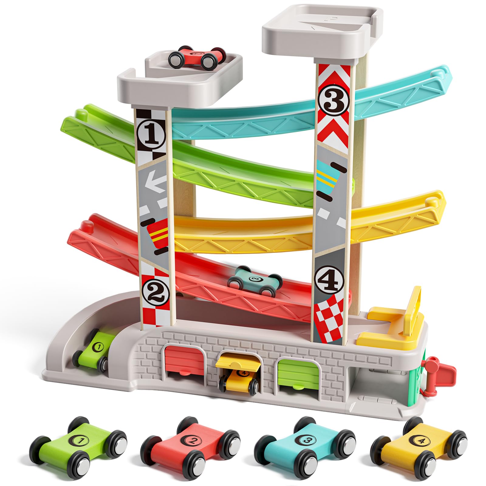 TOP BRIGHT Car Ramp Toys, Race Track Car Toy for Toddler Age 2-4 Year Old Boy with 4 Cars, Parking Lot & Gas Station, Toddler Montessori Toys and Birthday for Boys and Girls