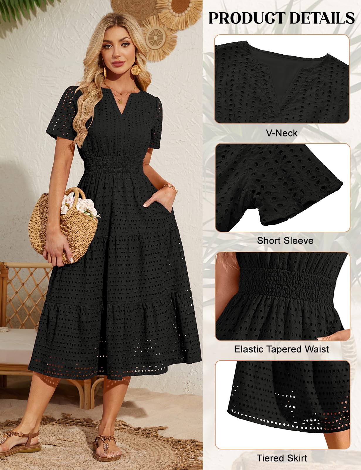 heekpek Sommerkleid Damen Lang A Linien Kleid Elegant V-Ausschnitt Luftige Sommerkleider Kurzarm Midikleid Hoher Taille Strandkleid Tunika Kleid mit Taschen