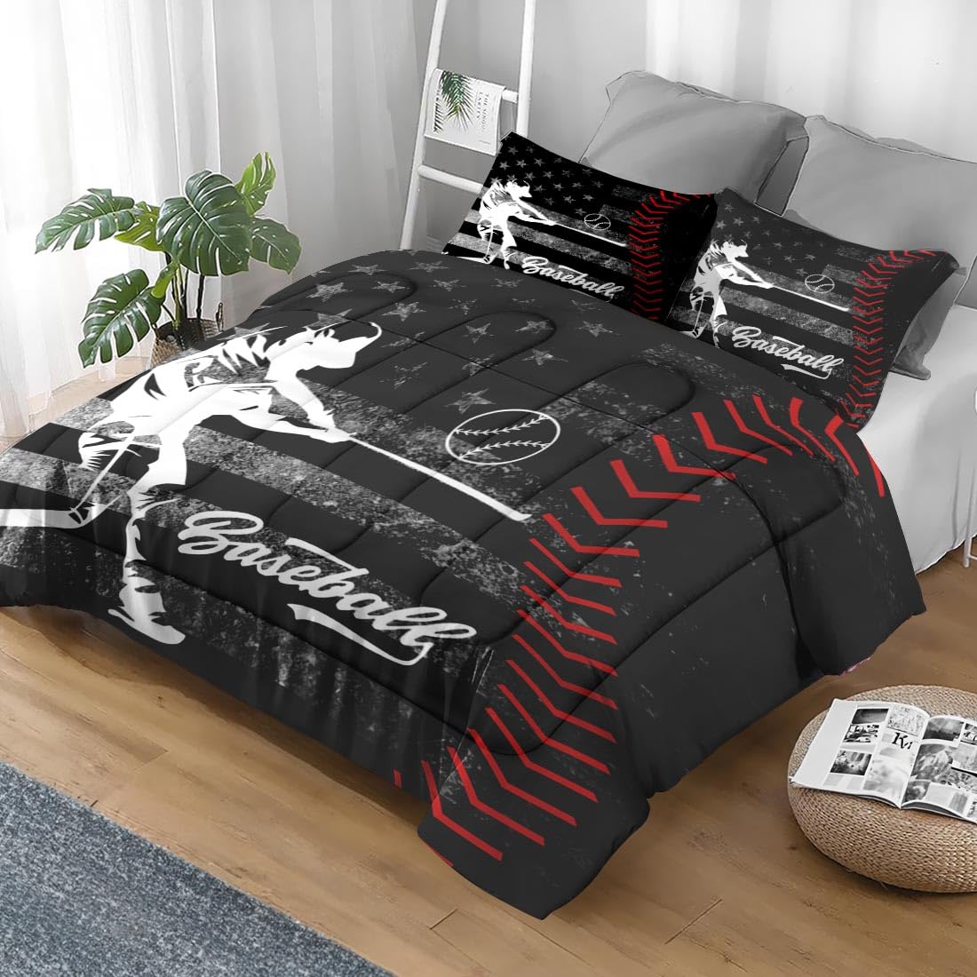 Pamnest Comforter Set Twin Size, Baseball American Flag Soft 2 Pcs Bedding for Kids and Adults America Athlete Sport Comforter Set with Pillowcase for Bedroom Bed Decor