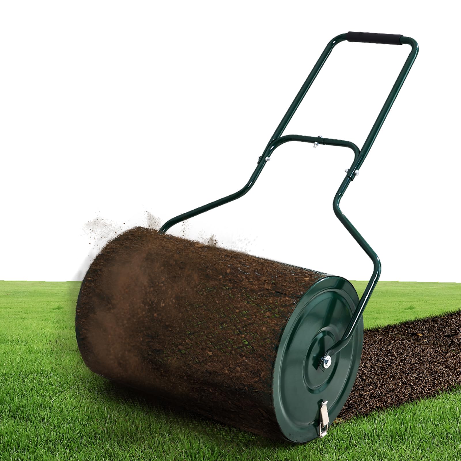 Warmiehomy Compost Spreader 76L, Peat Moss Spreader With Upgrade Side Latches & Extendable U Shape Handle, Heavy Duty Metal Mesh Push Topsoil Fertilizer Spreader for Lawn and Garden, Handle 77 CM